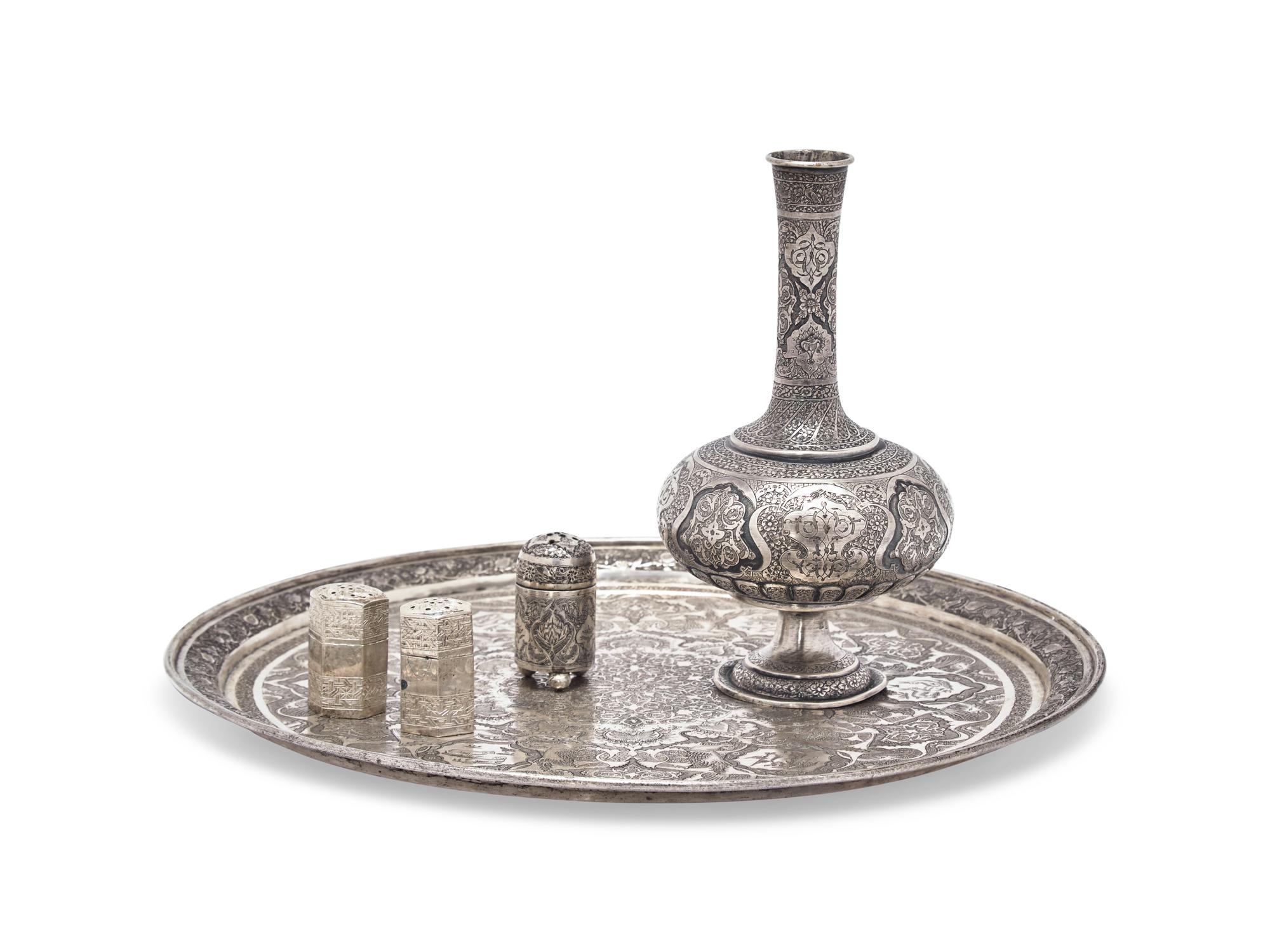A Group of Five Persian Silver Table Articles