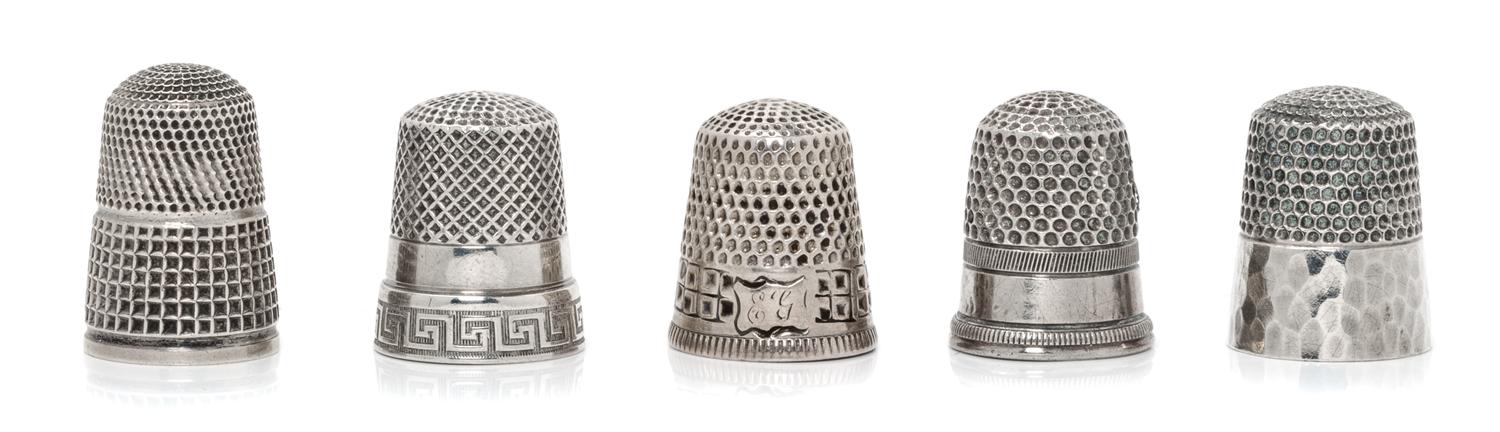 Five American Silver Thimbles, Various Makers, comprising an example having a Greek meander decorated rim, Webster Co., North Attleboro