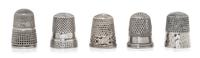 Five American Silver Thimbles, Various Makers, comprising an example having a Greek meander decorated rim, Webster Co., North Attleboro