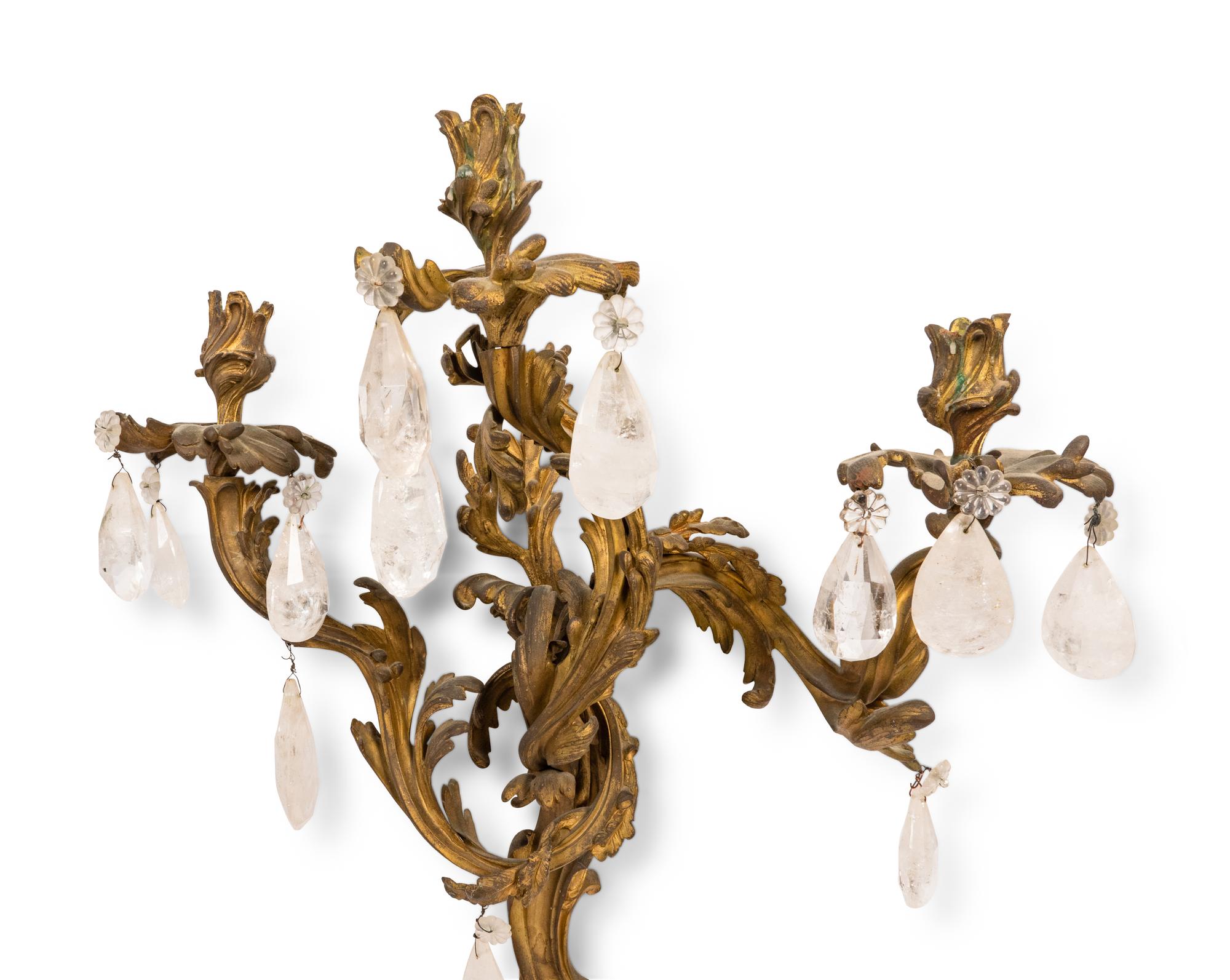 A Pair of Rococo Style Gilt Bronze and Crystal Three-Light Wall Sconces — LATE 19TH CENTURY