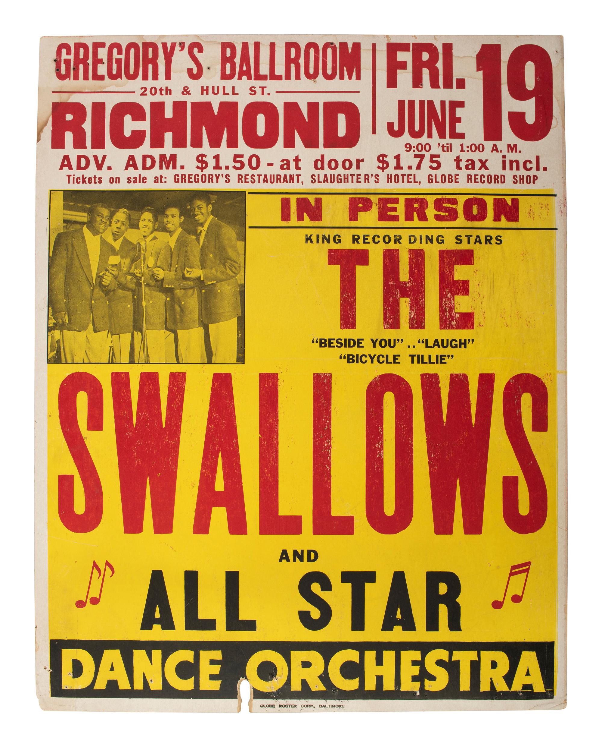 [MUSIC]. The Swallows and All Star Dance Orchestra. Gregory's Ballroom, Richmond, VA. Baltimore, MD: Globe Poster Corps, [1953].