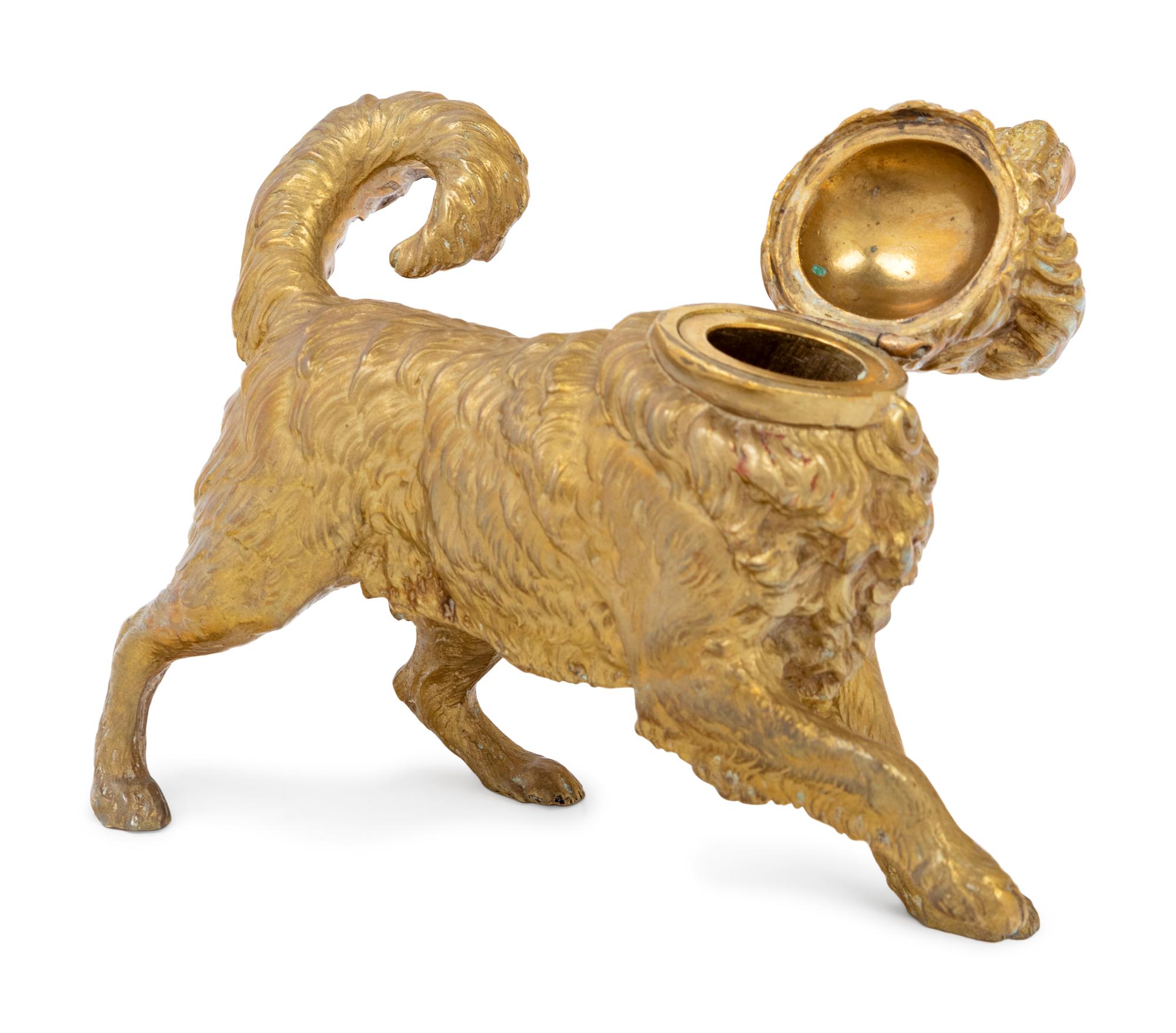 A Continental Gilt Bronze Dog-Form Inkwell