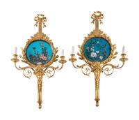 A Pair of Louis XVI Style Gilt Bronze and Cloisonné Charger-Inset Two-Light Sconces