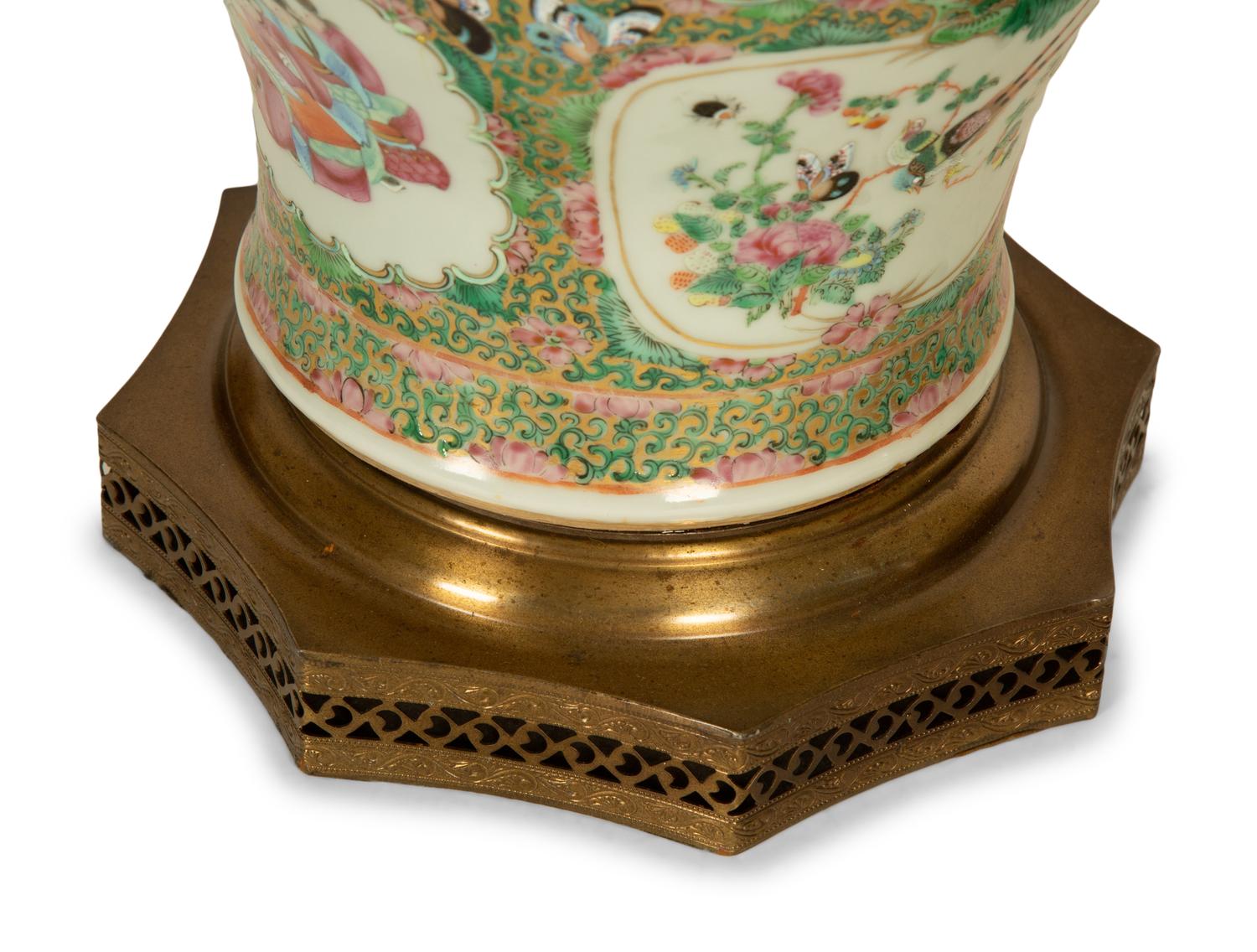 A Pair of Chinese Rose Medallion Porcelain Vases Mounted on Brass Lamp Stands
