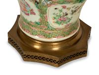 A Pair of Chinese Rose Medallion Porcelain Vases Mounted on Brass Lamp Stands