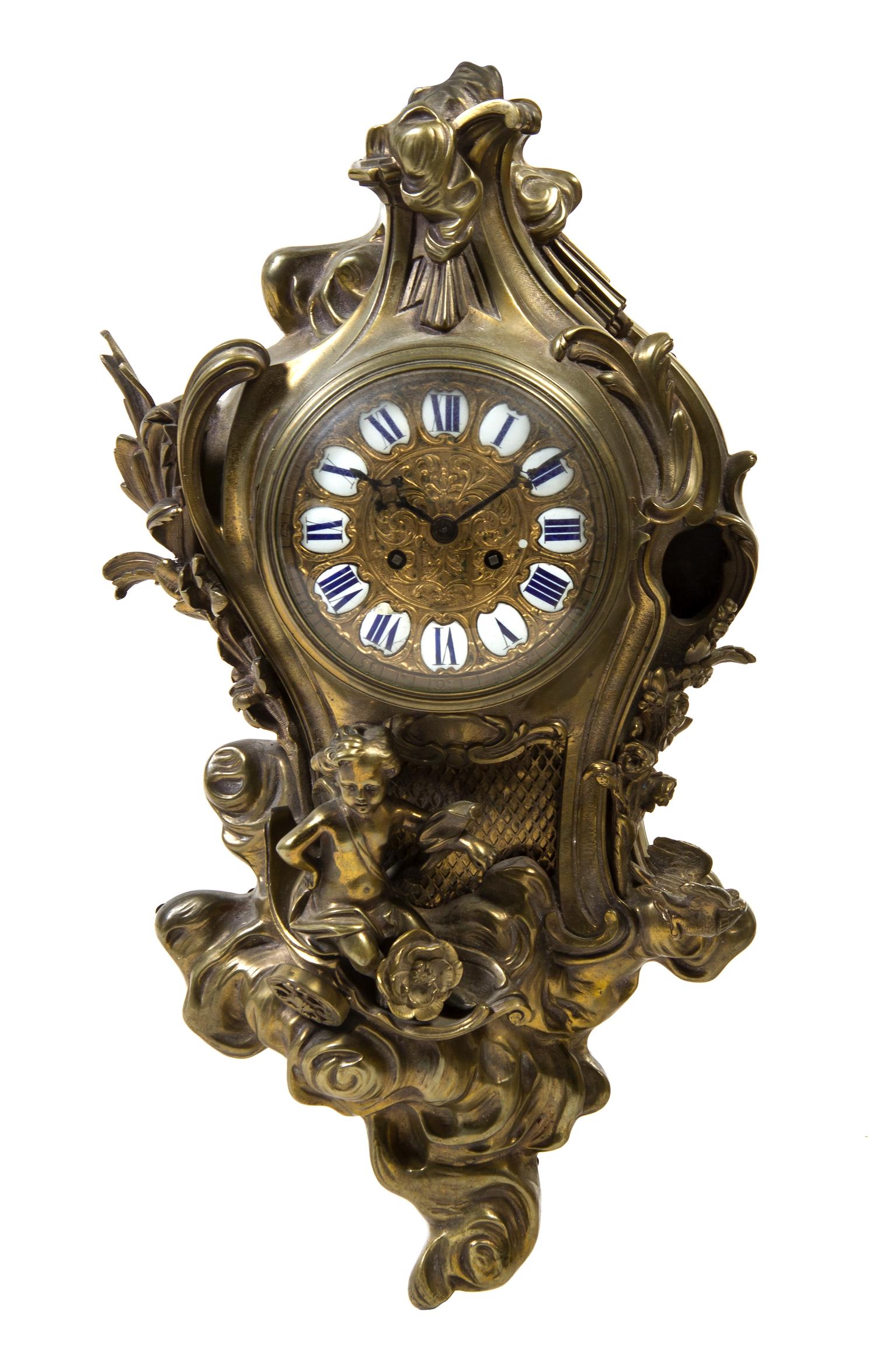 A Louis XV Style Gilt Bronze Cartel Clock, Height 25 1/2 inches.