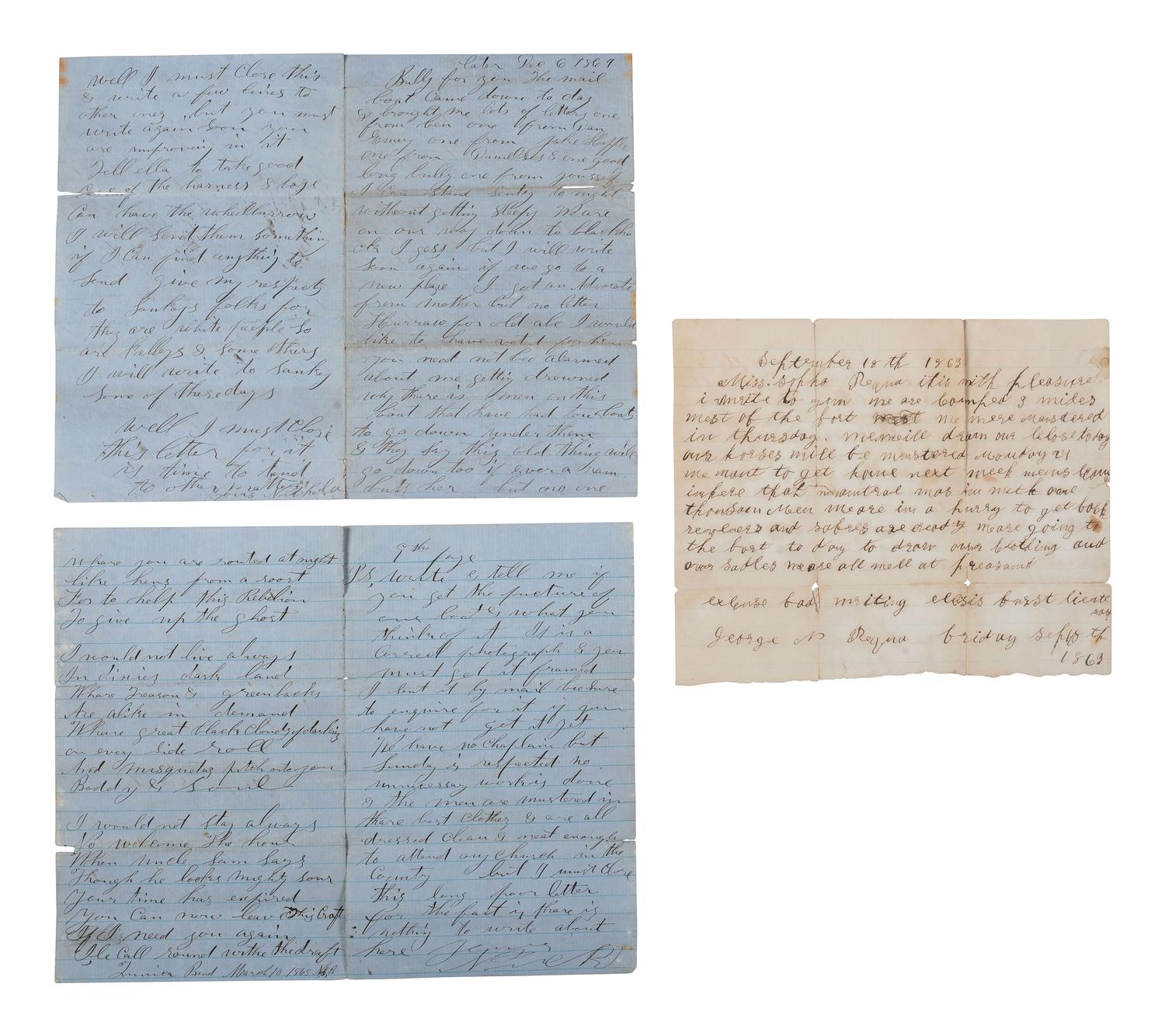 [CIVIL WAR]. 3 war-date letters, highlighted by ALS from Captain William H. Silsby, 10th Iowa Infantry, discussing the arming of formerly enslaved African Americans. Camp near Jacinto, MS, 17 August 1862.