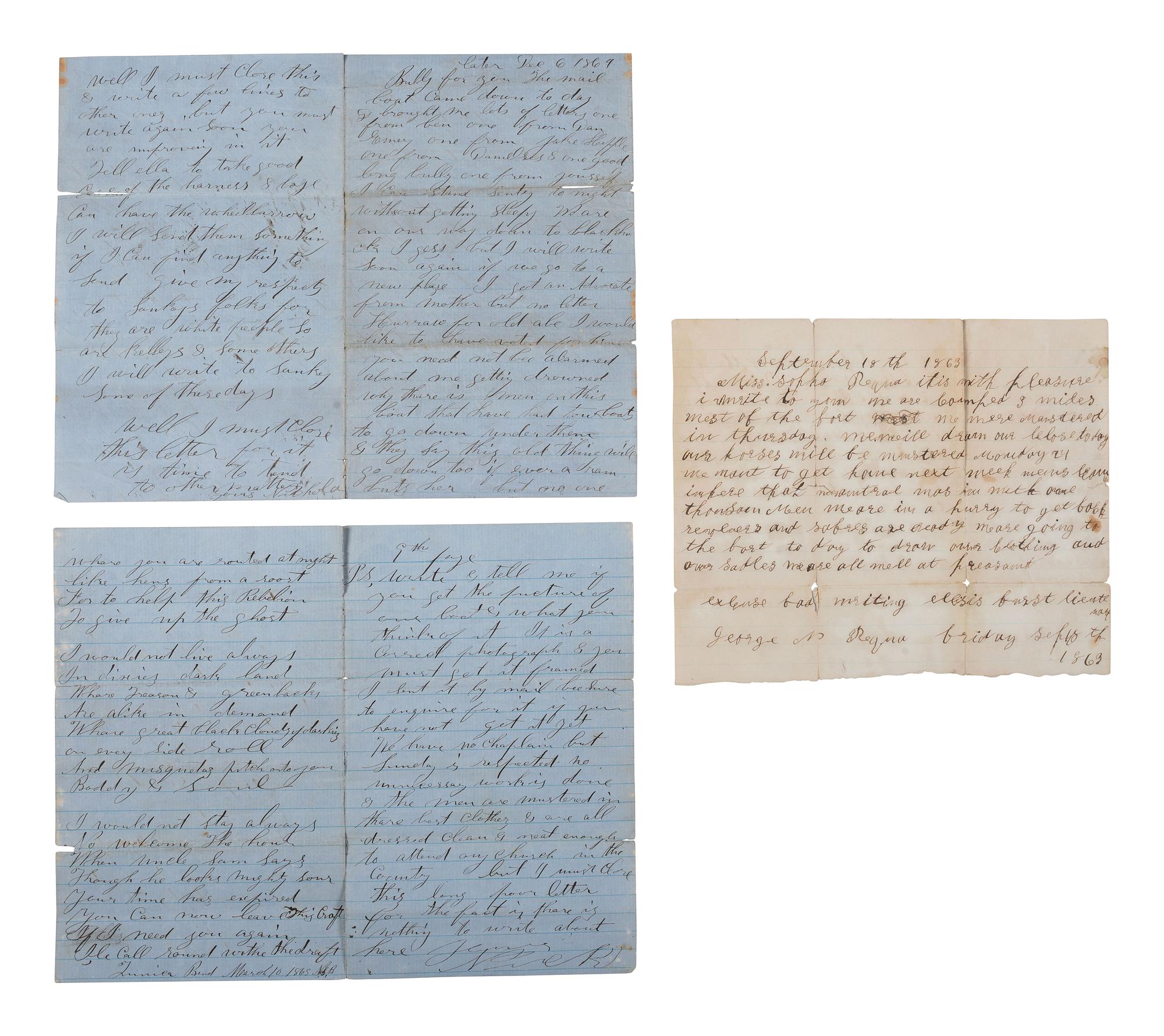[CIVIL WAR]. 3 war-date letters, highlighted by ALS from Captain William H. Silsby, 10th Iowa Infantry, discussing the arming of formerly enslaved African Americans. Camp near Jacinto, MS, 17 August 1862.