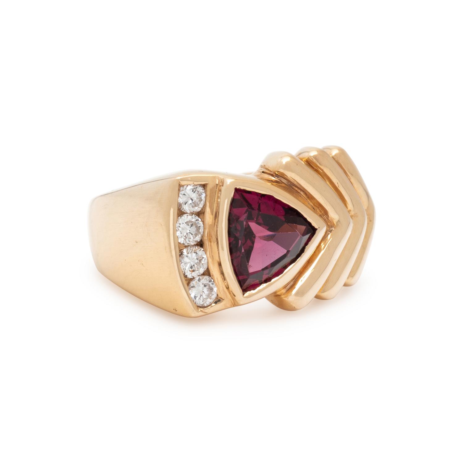 YELLOW GOLD, GARNET, AND DIAMOND RING
