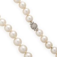 Cultured Pearl, Diamond, and White Gold Necklace