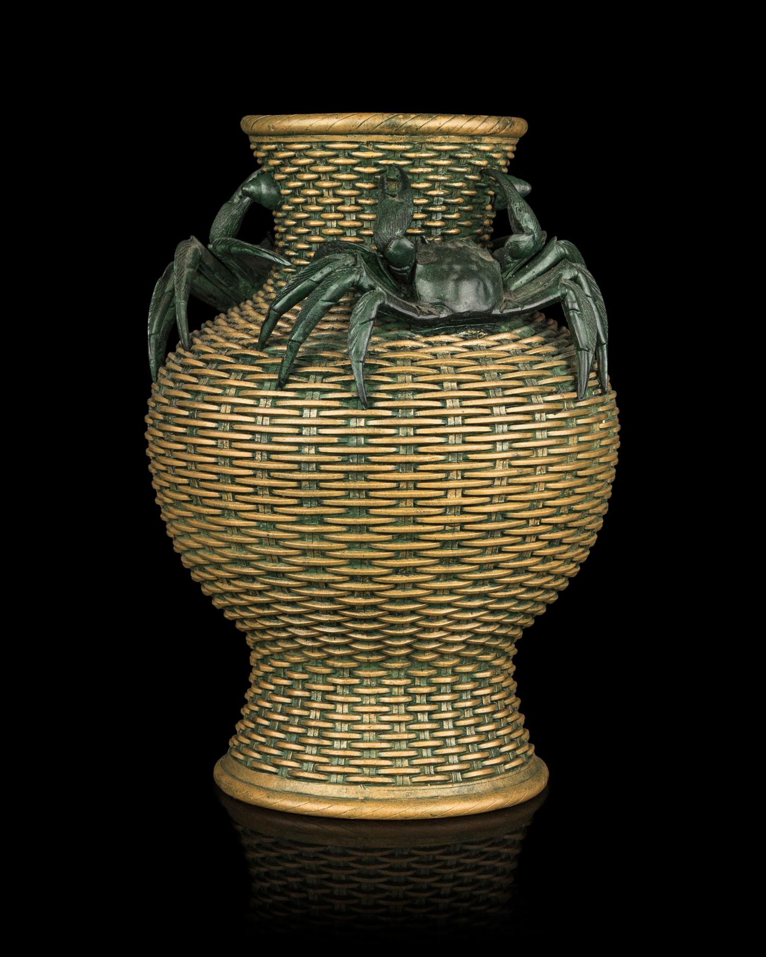 A Chinese Green Enameled Yixing Zisha Pottery Basket-Form Vase