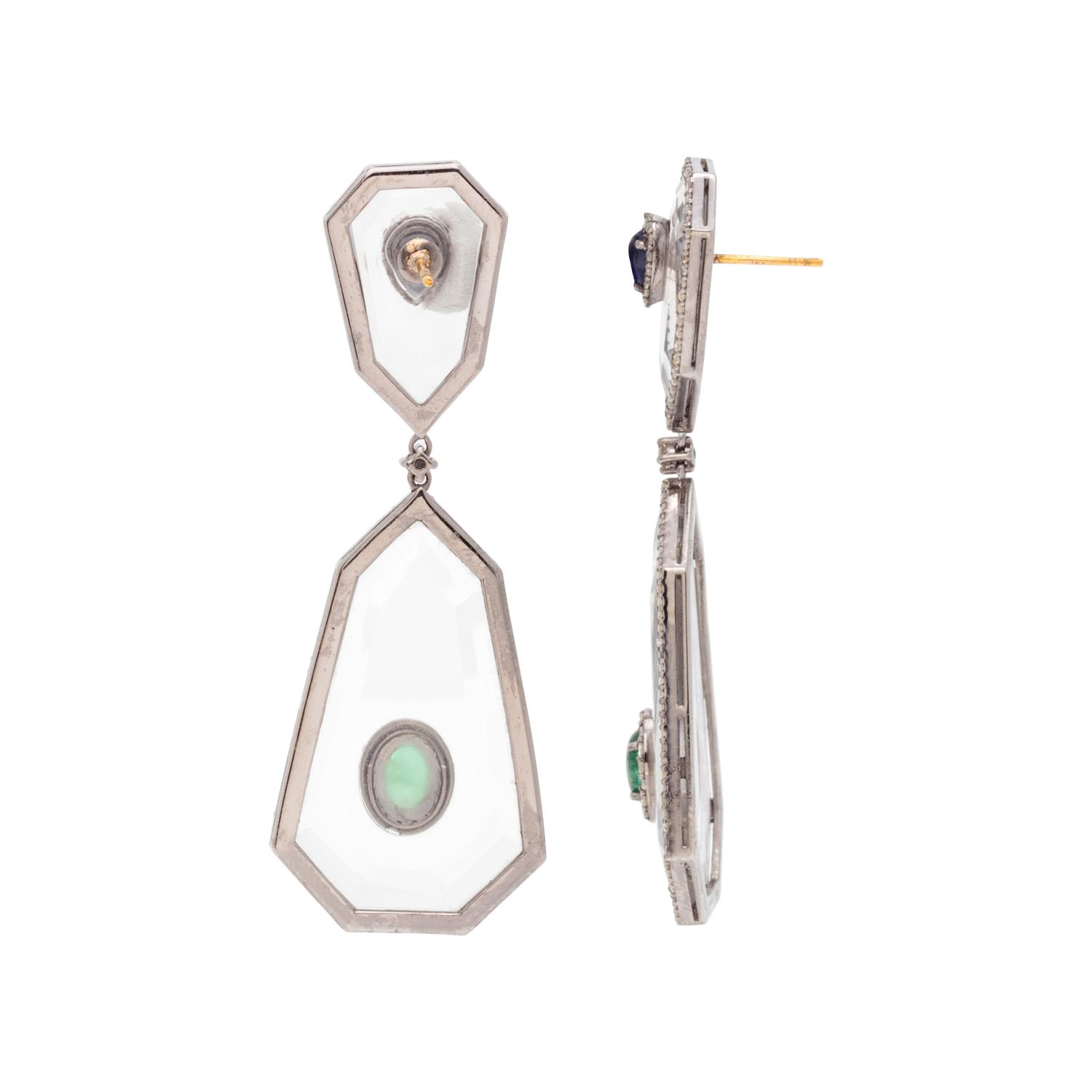 ROCK CRYSTAL, EMERALD, SAPPHIRE AND DIAMOND EARRINGS