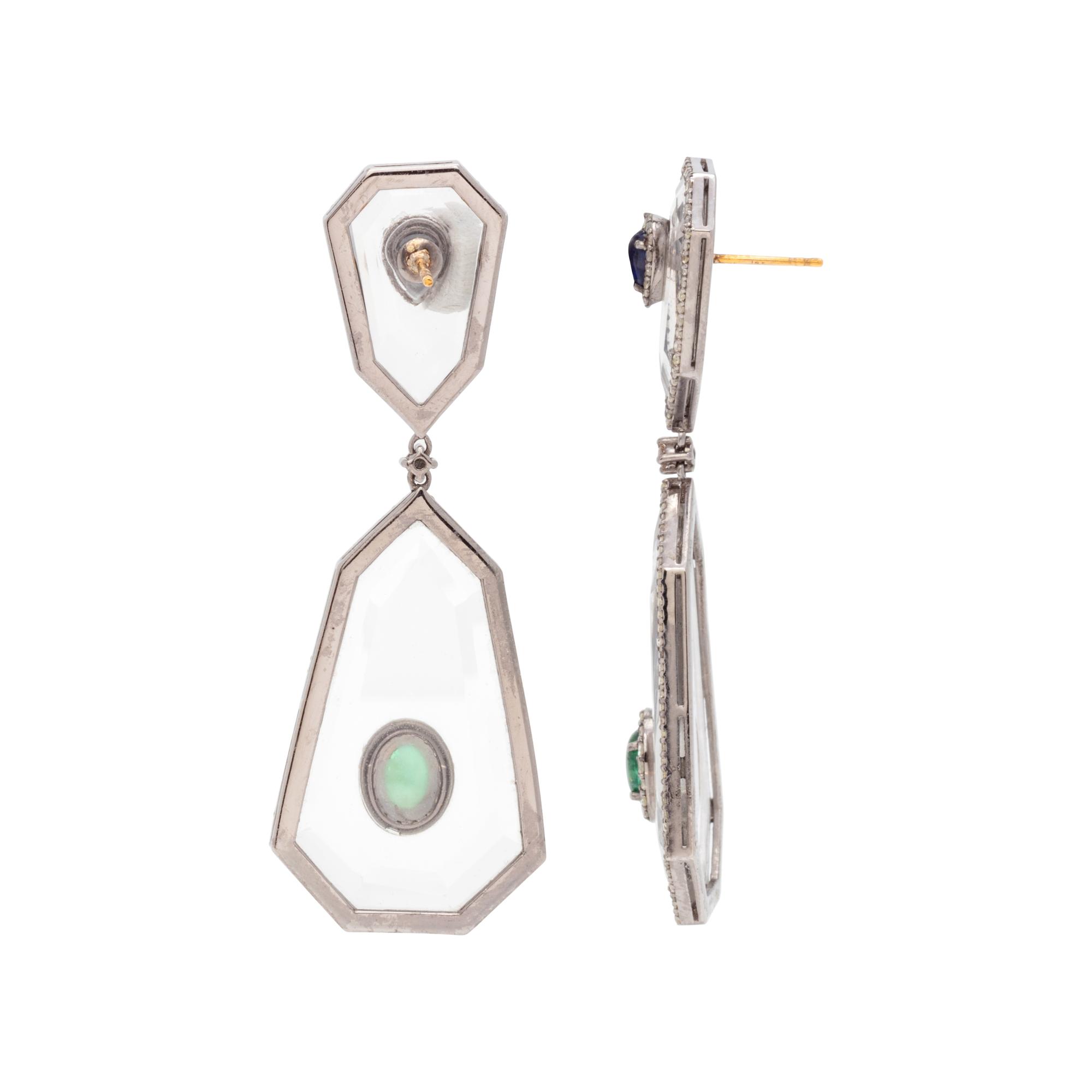 ROCK CRYSTAL, EMERALD, SAPPHIRE AND DIAMOND EARRINGS