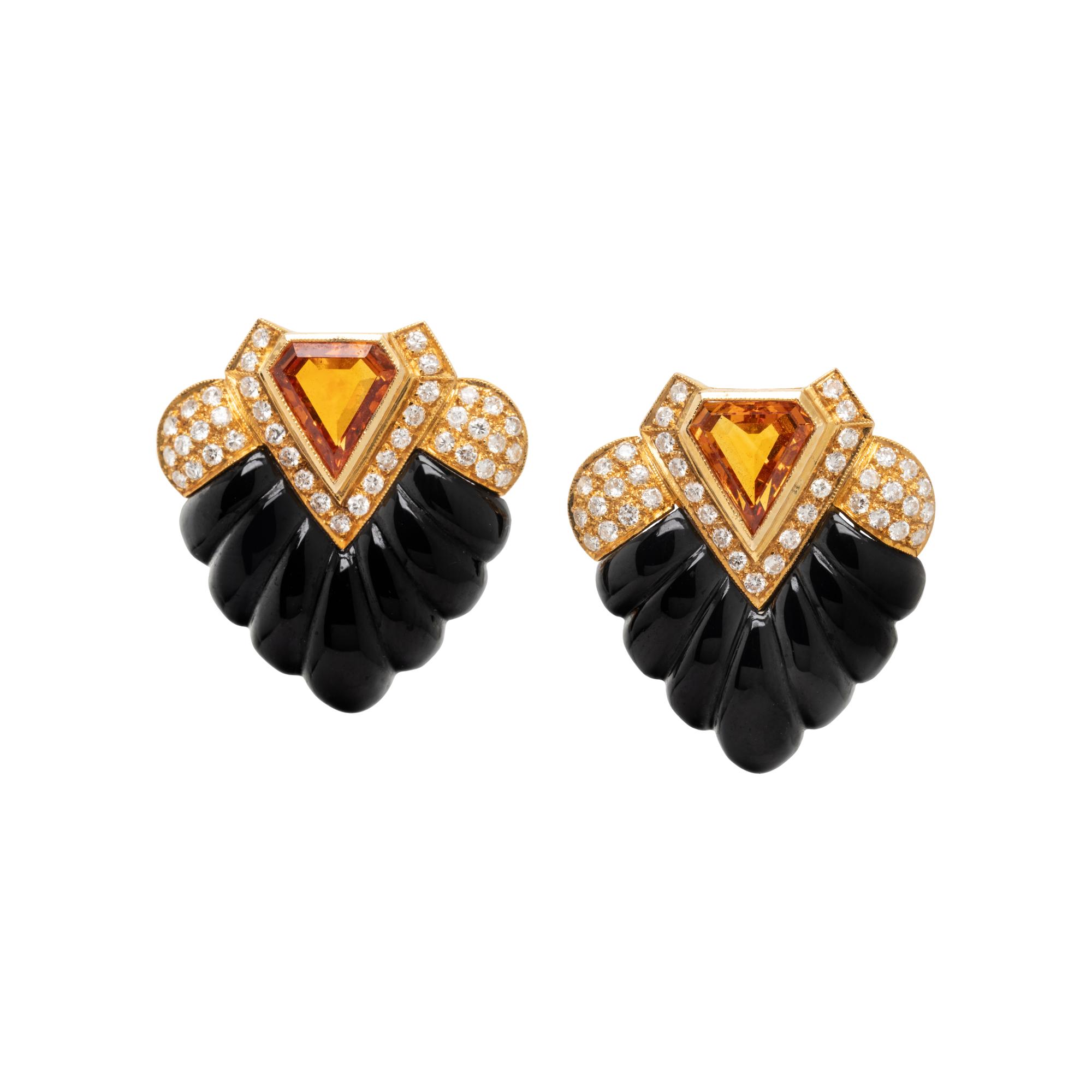 ONYX, ORANGE SAPPHIRE, AND DIAMOND EARRINGS