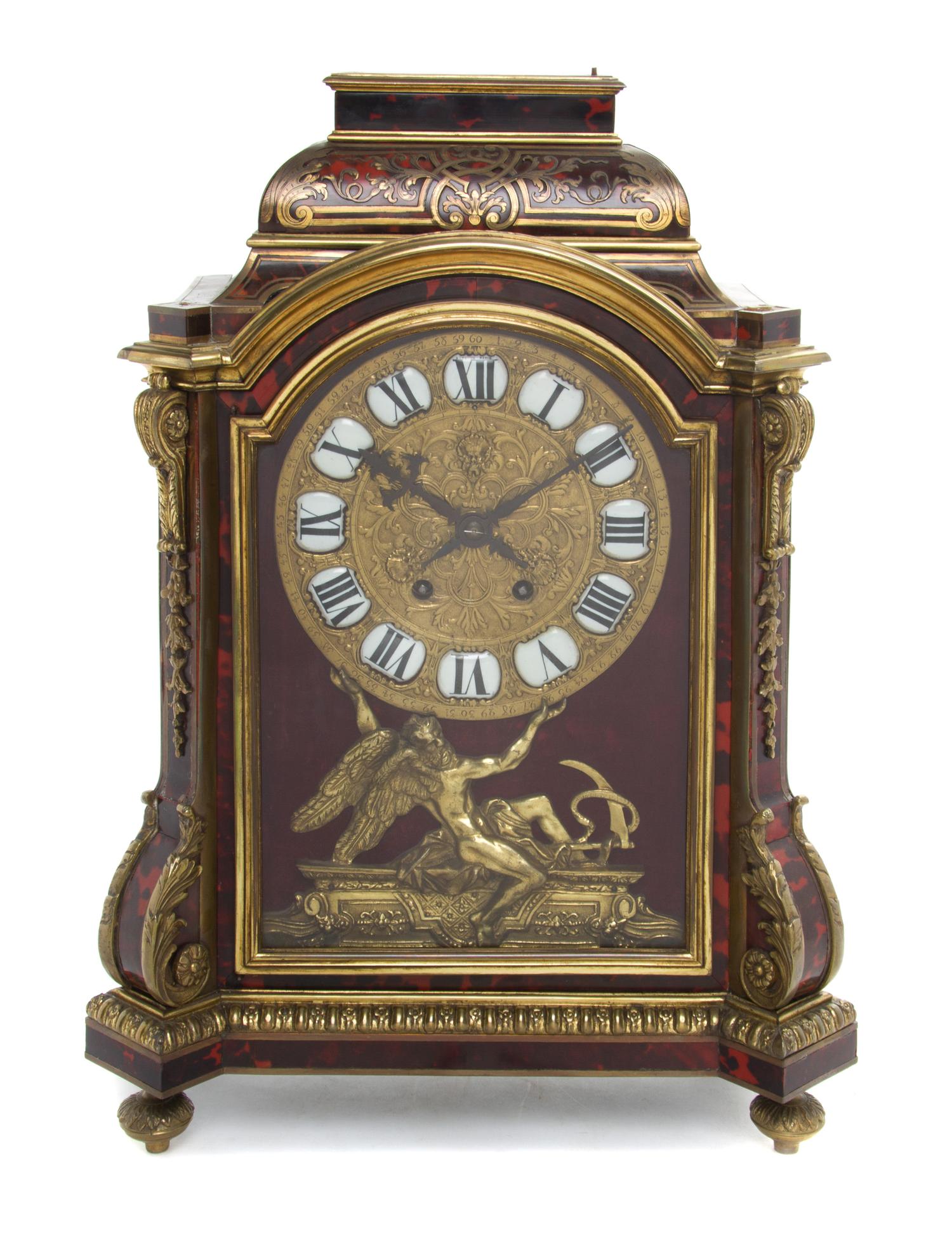 A Napoleon III Boulle Marquetry Mantel Clock Height 20 inches. — MOVEMENT BY JAPY FRERES