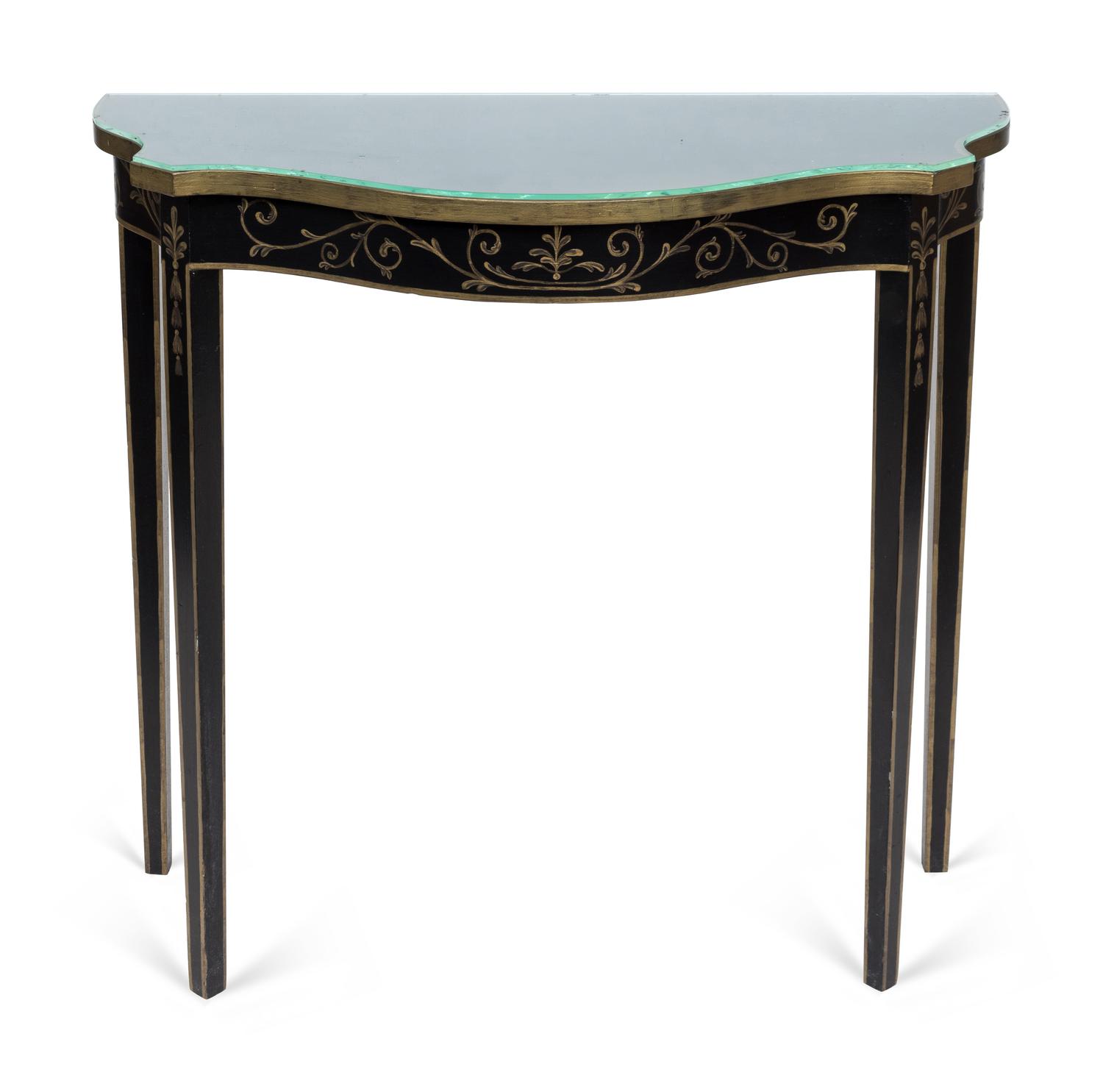 A Hollywood Regency Style Black and Gilt Painted Console Table — 20TH CENTURY