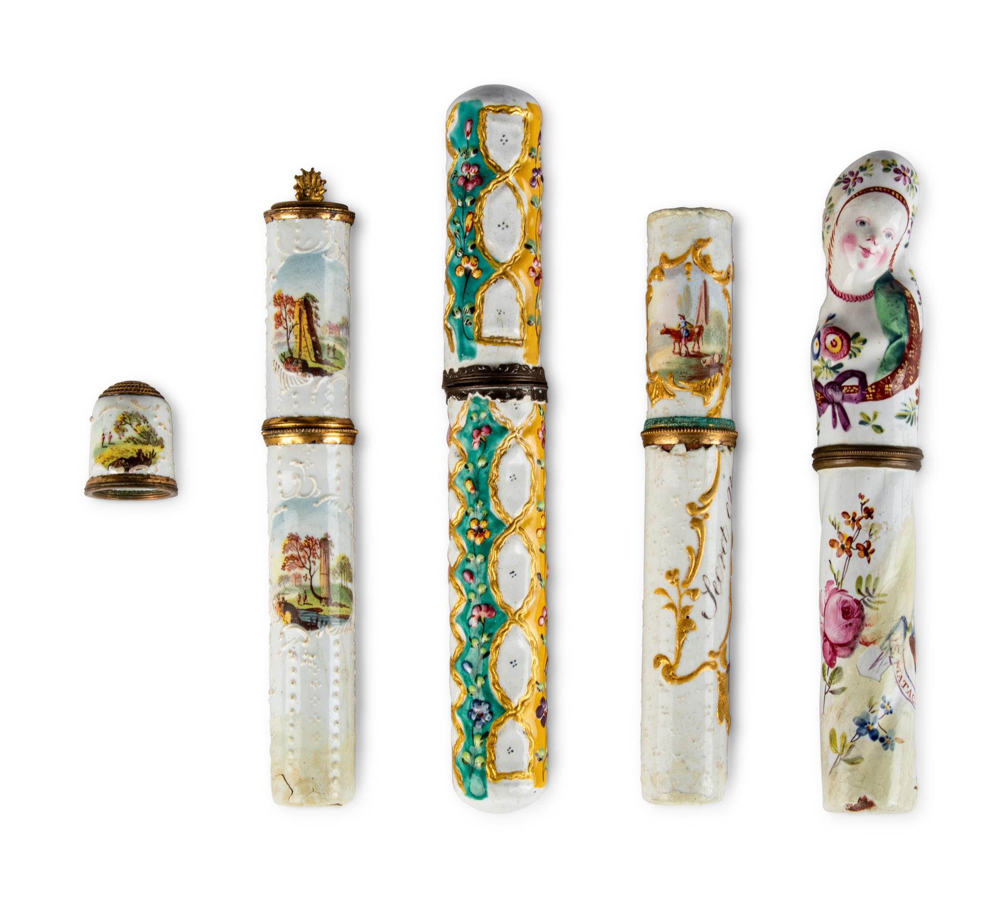 Four South Staffordshire Enamel Bodkin Cases