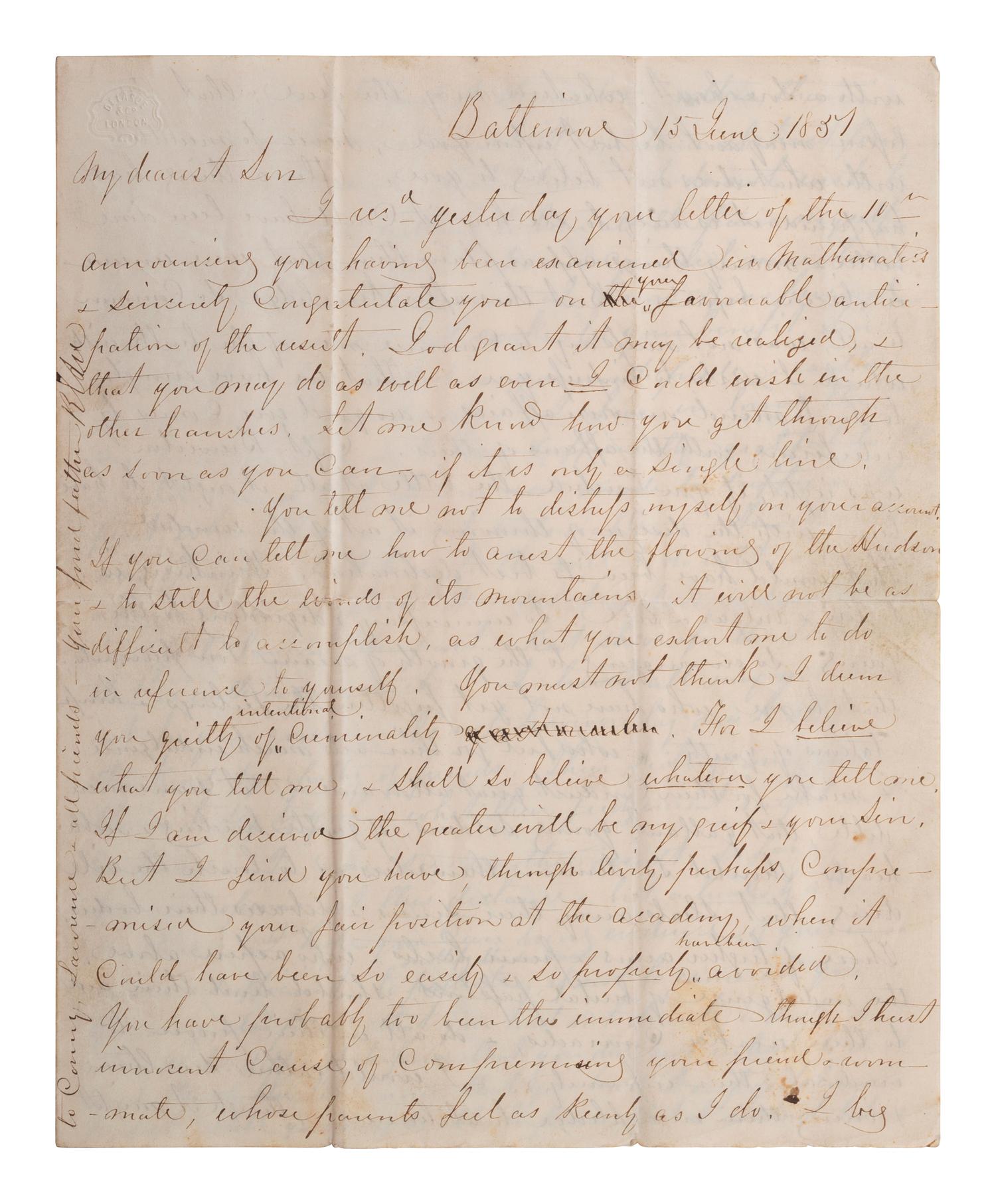 LEE, Robert E. (1807-1870). Autograph letter signed in the margin of the first leaf ("R. E. Lee"), as commandant at West Point, to George Washington Custis Lee (1832-1913). Baltimore, 15 June 1851.