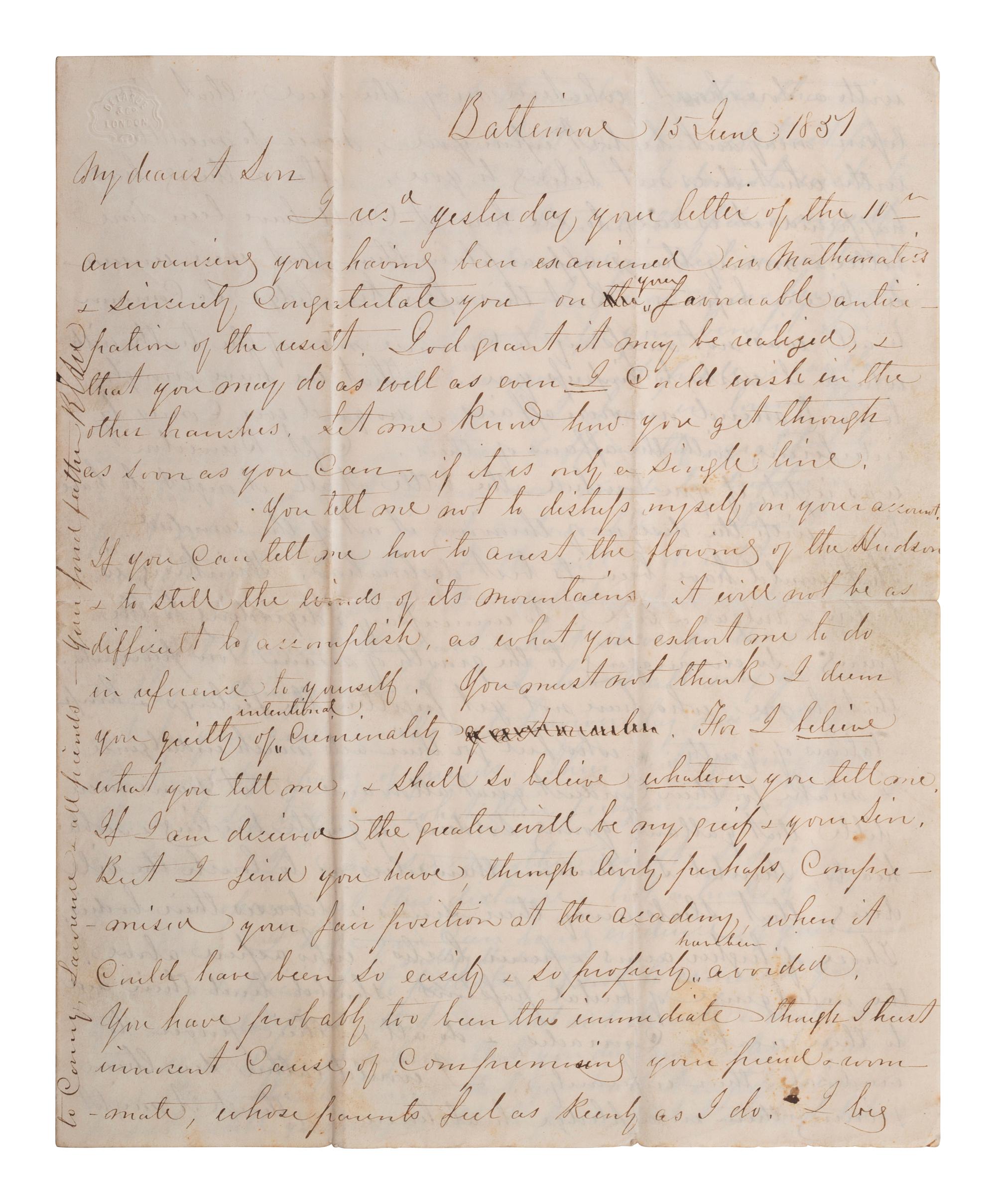 LEE, Robert E. (1807-1870). Autograph letter signed in the margin of the first leaf ("R. E. Lee"), as commandant at West Point, to George Washington Custis Lee (1832-1913). Baltimore, 15 June 1851.