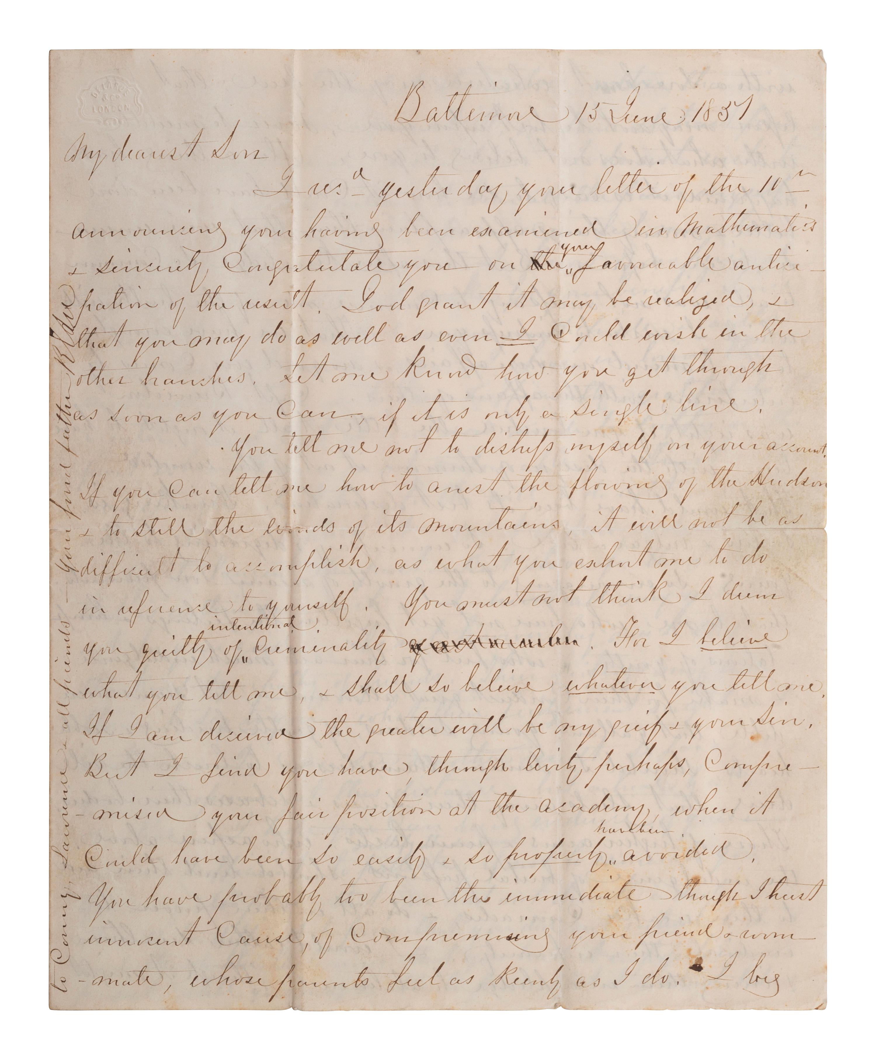 LEE, Robert E. (1807-1870). Autograph letter signed in the margin of the first leaf ("R. E. Lee"), as commandant at West Point, to George Washington Custis Lee (1832-1913). Baltimore, 15 June 1851.