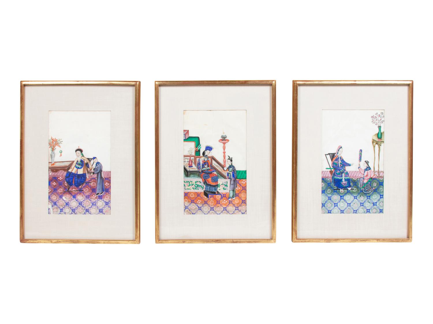 A Set of Three Chinese Export Paintings on Pith Paper, Depicting Court Scenes