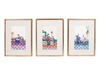 A Set of Three Chinese Export Paintings on Pith Paper, Depicting Court Scenes
