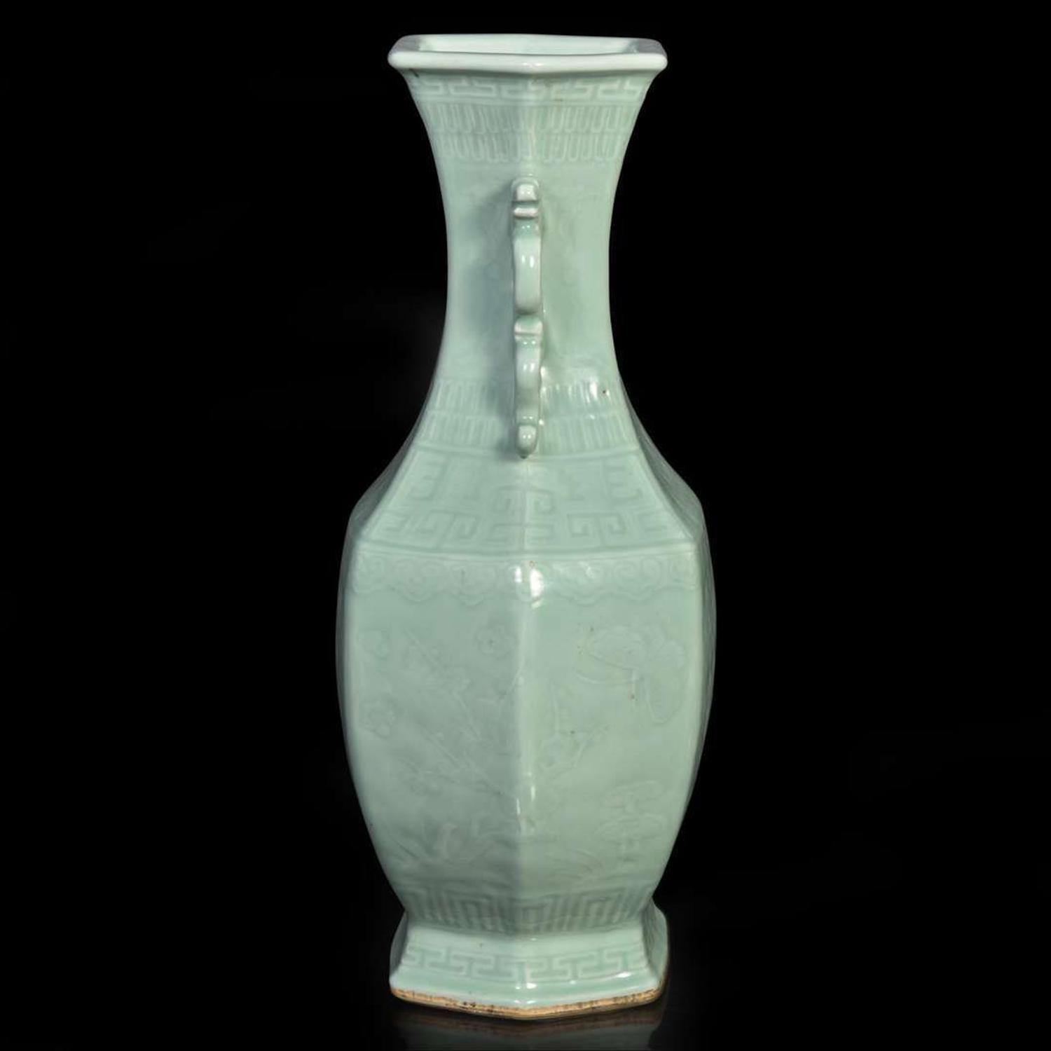 A Chinese celadon-glazed hexagonal baluster vase 青釉双耳六方瓶