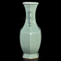 A Chinese celadon-glazed hexagonal baluster vase 青釉双耳六方瓶