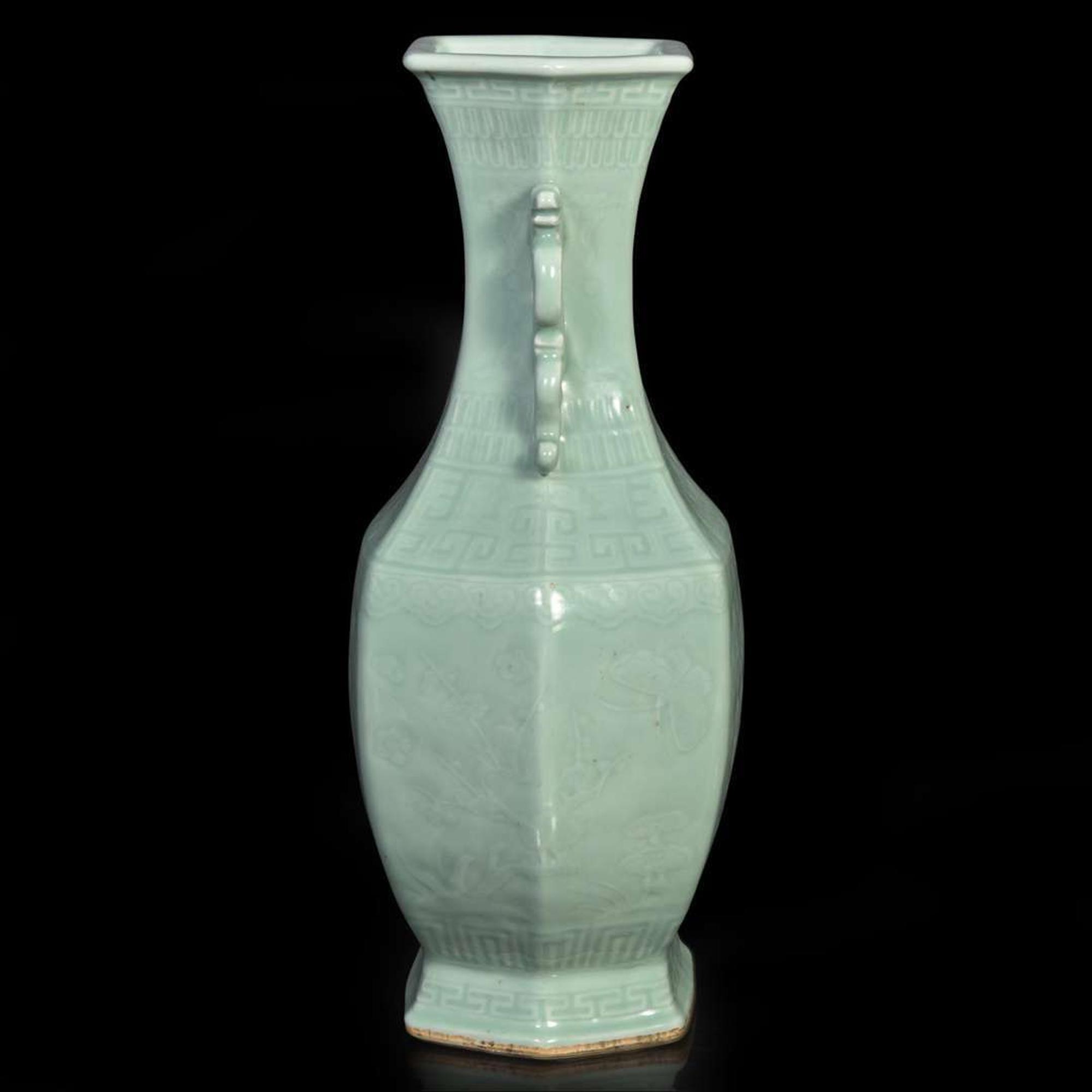 A Chinese celadon-glazed hexagonal baluster vase 青釉双耳六方瓶