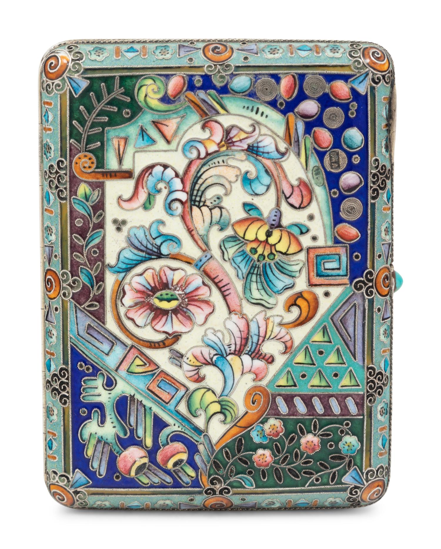 A Russian Enameled Silver Cigarette Case