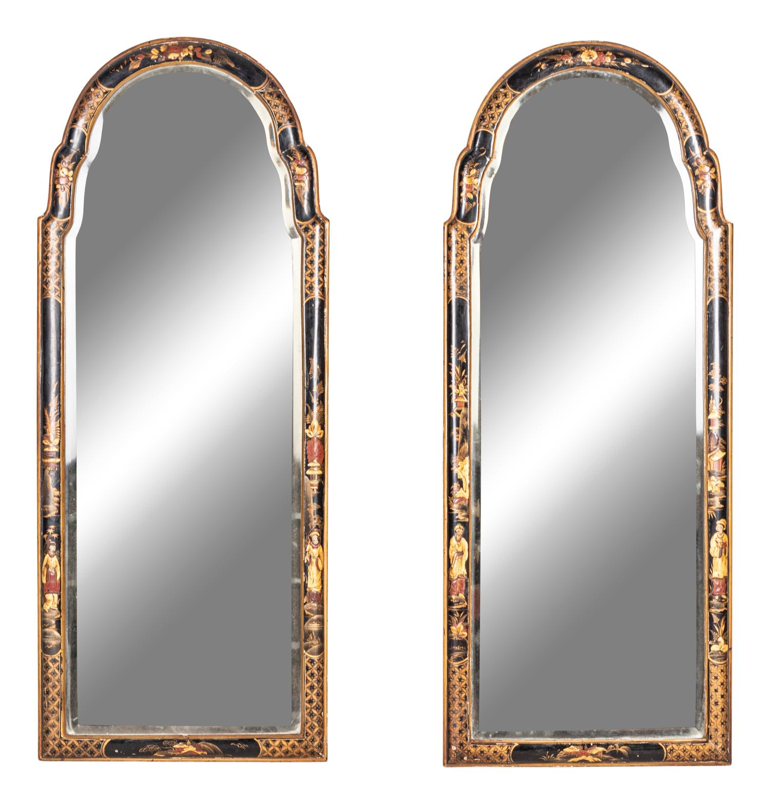 A Pair of Queen Anne Style Black Lacquer and Parcel Gilt Mirrors