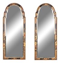 A Pair of Queen Anne Style Black Lacquer and Parcel Gilt Mirrors