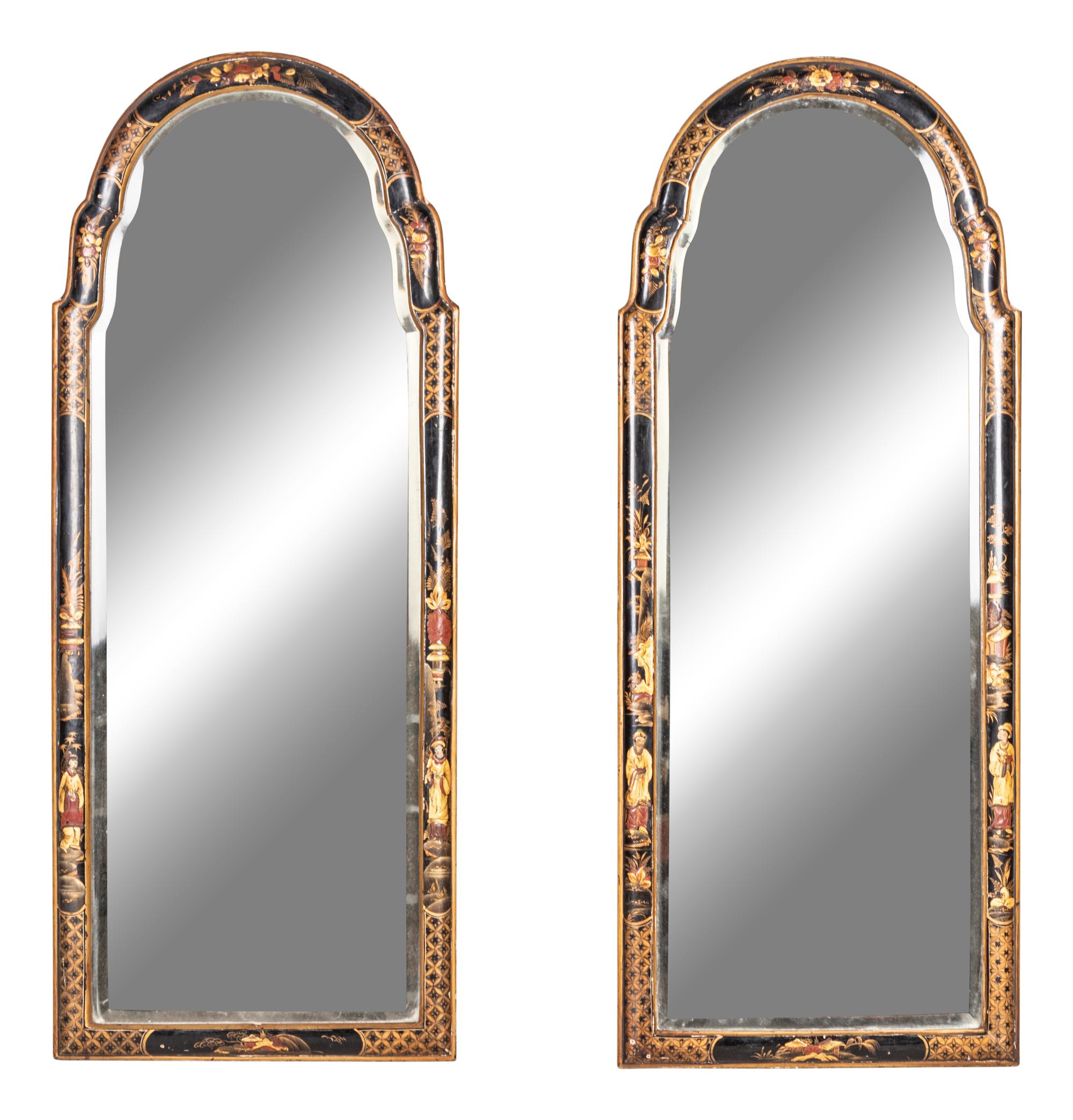 A Pair of Queen Anne Style Black Lacquer and Parcel Gilt Mirrors