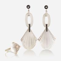 A pair of rock crystal, diamond, and platinum earrings and ring