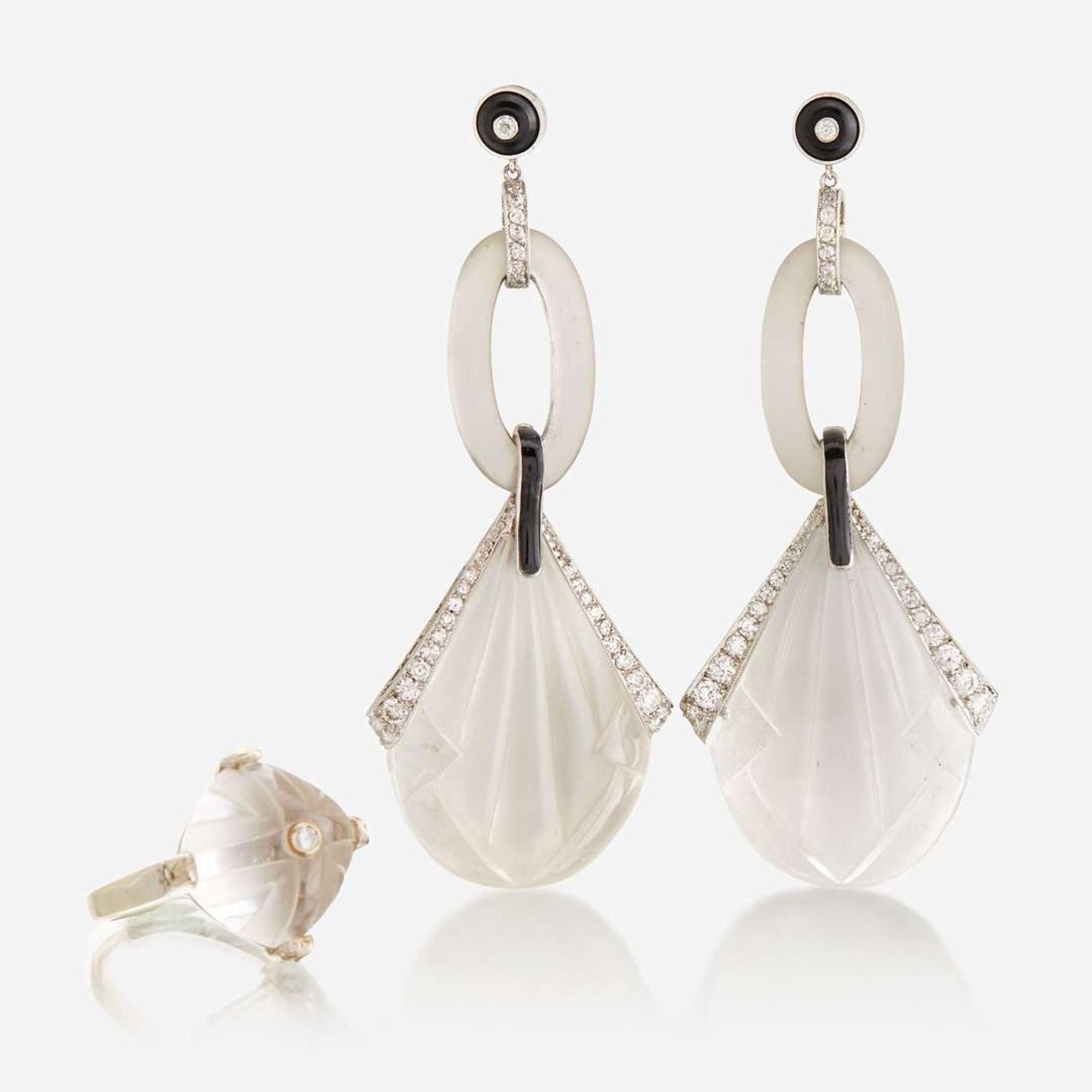 A pair of rock crystal, diamond, and platinum earrings and ring