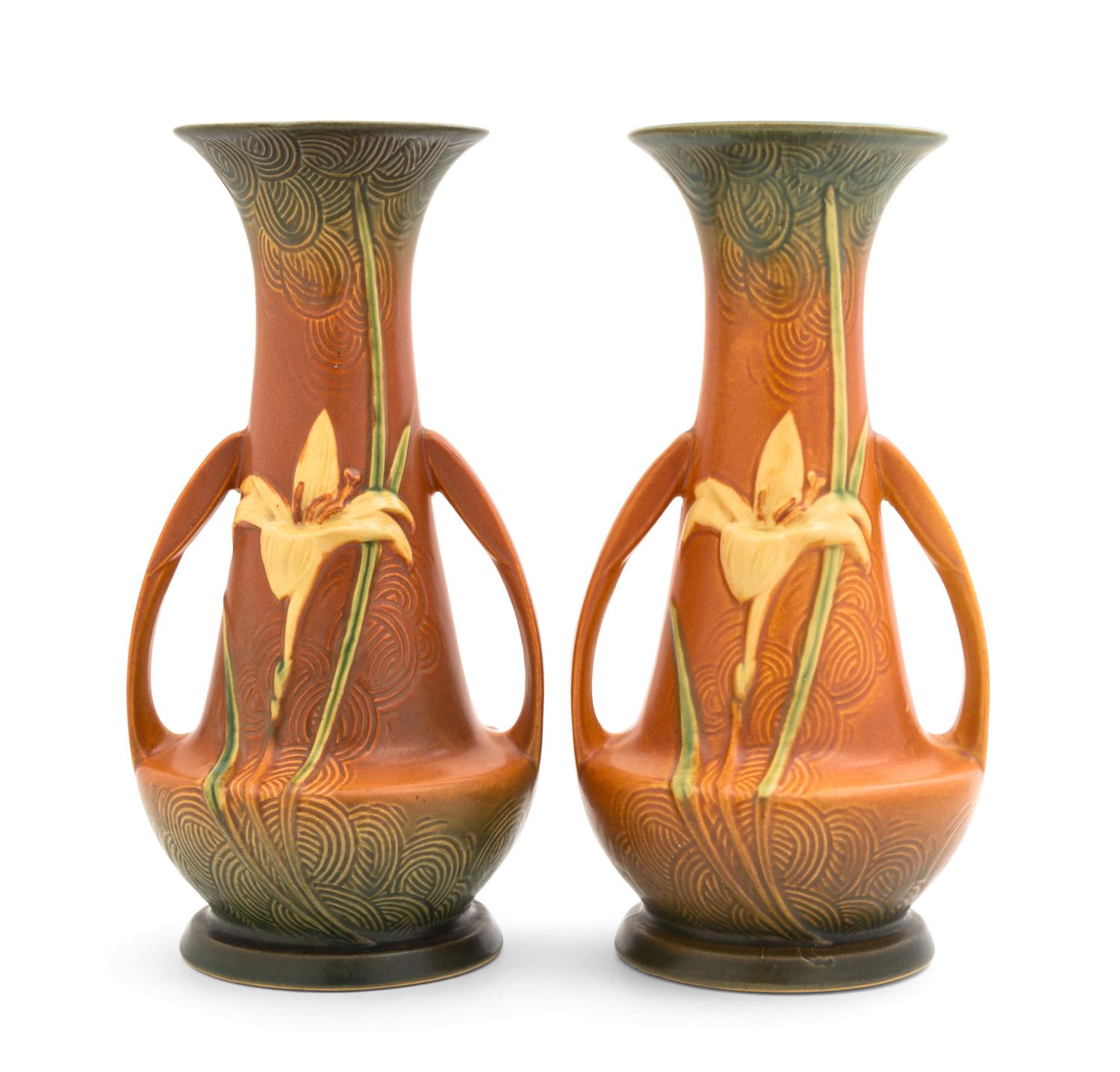 A Pair of Roseville Zephyr Lily Pottery Vases Height 12 1/4 inches.