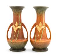 A Pair of Roseville Zephyr Lily Pottery Vases Height 12 1/4 inches.
