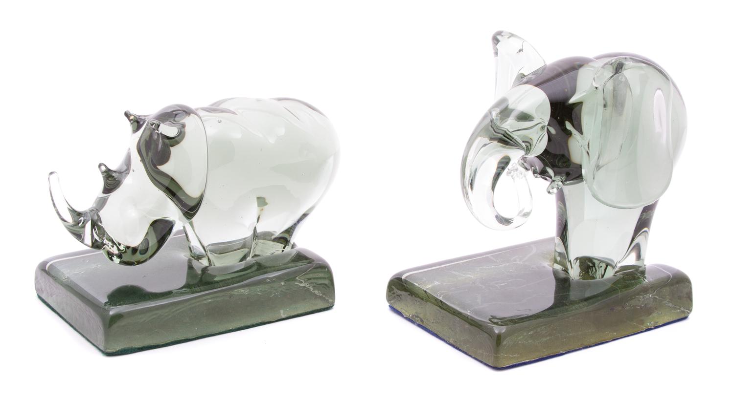 Two Hand Blown Glass Elephant and Rhino Sculptures Height of talller 7 1/2 inches. — 20TH CENTURY