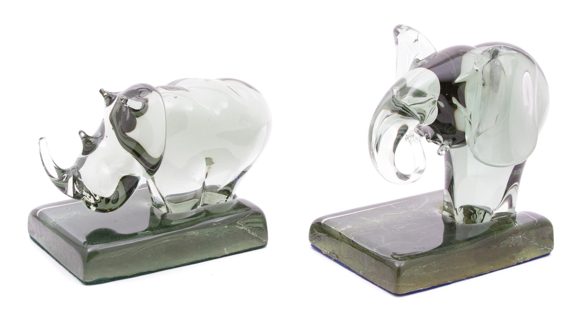 Two Hand Blown Glass Elephant and Rhino Sculptures Height of talller 7 1/2 inches. — 20TH CENTURY