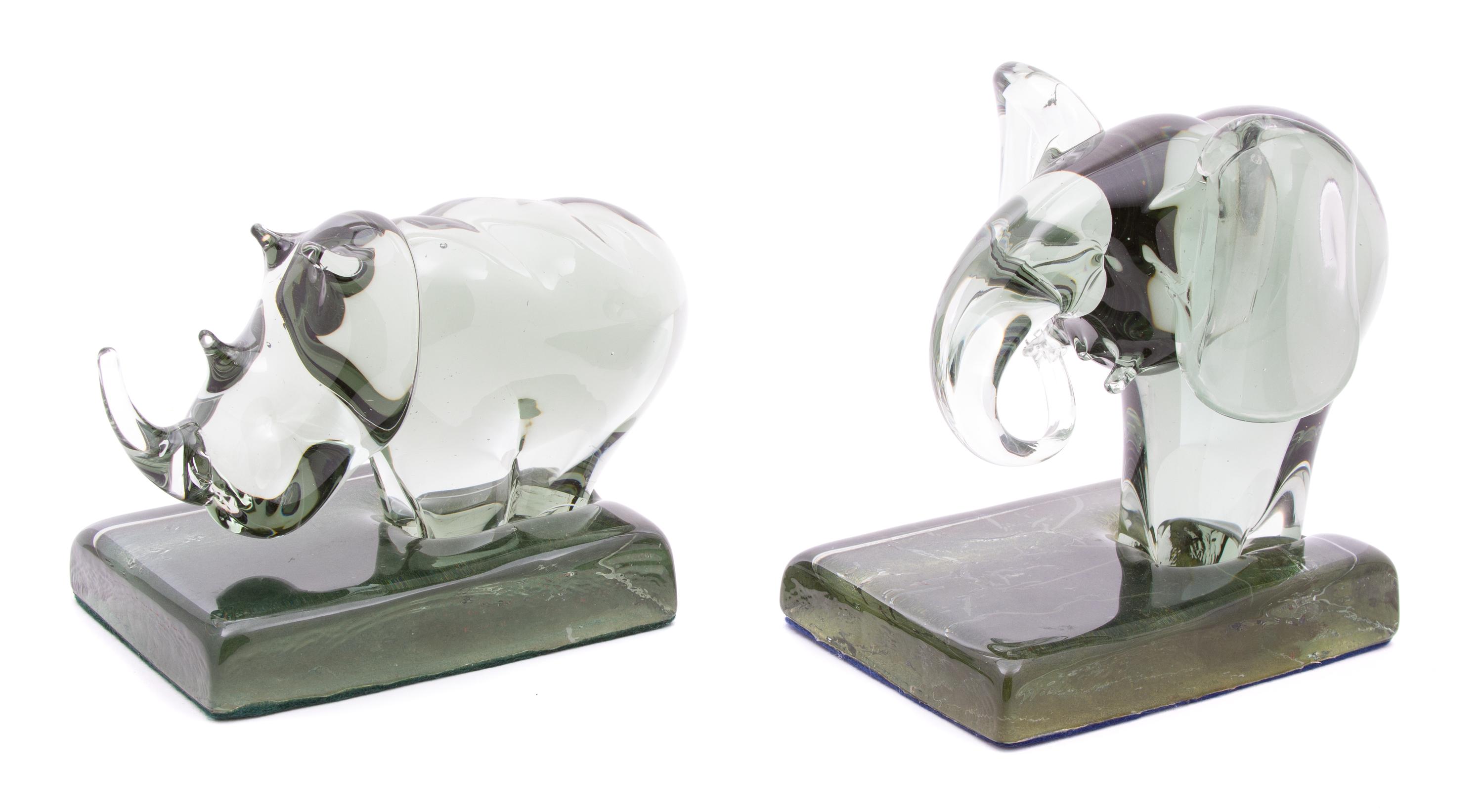 Two Hand Blown Glass Elephant and Rhino Sculptures Height of talller 7 1/2 inches. — 20TH CENTURY