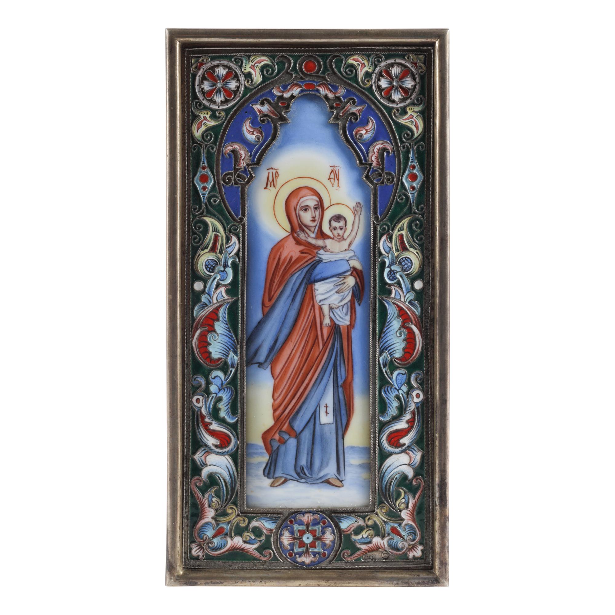 A Russian Silver and Enamel Figure of the Madonna and Child