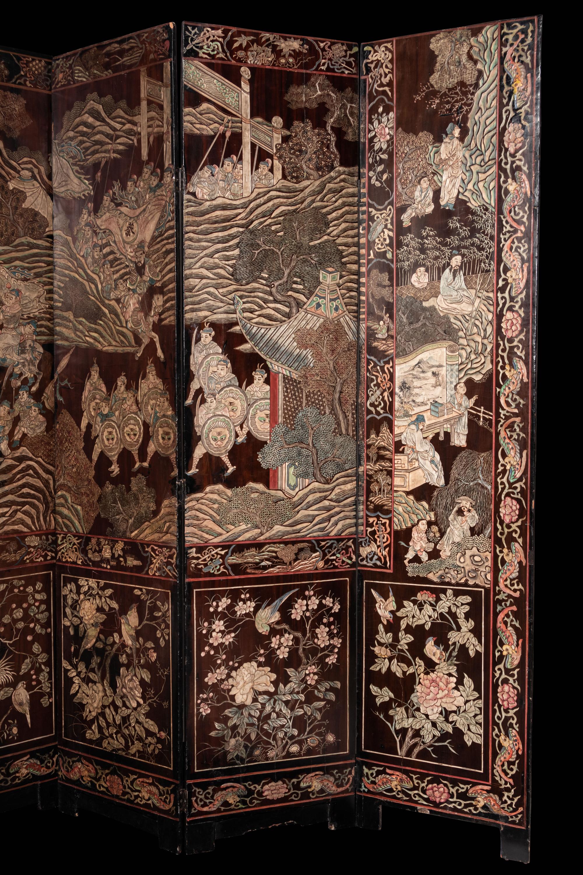 A Coromandel Lacquer Eight-Panel Floor Screen