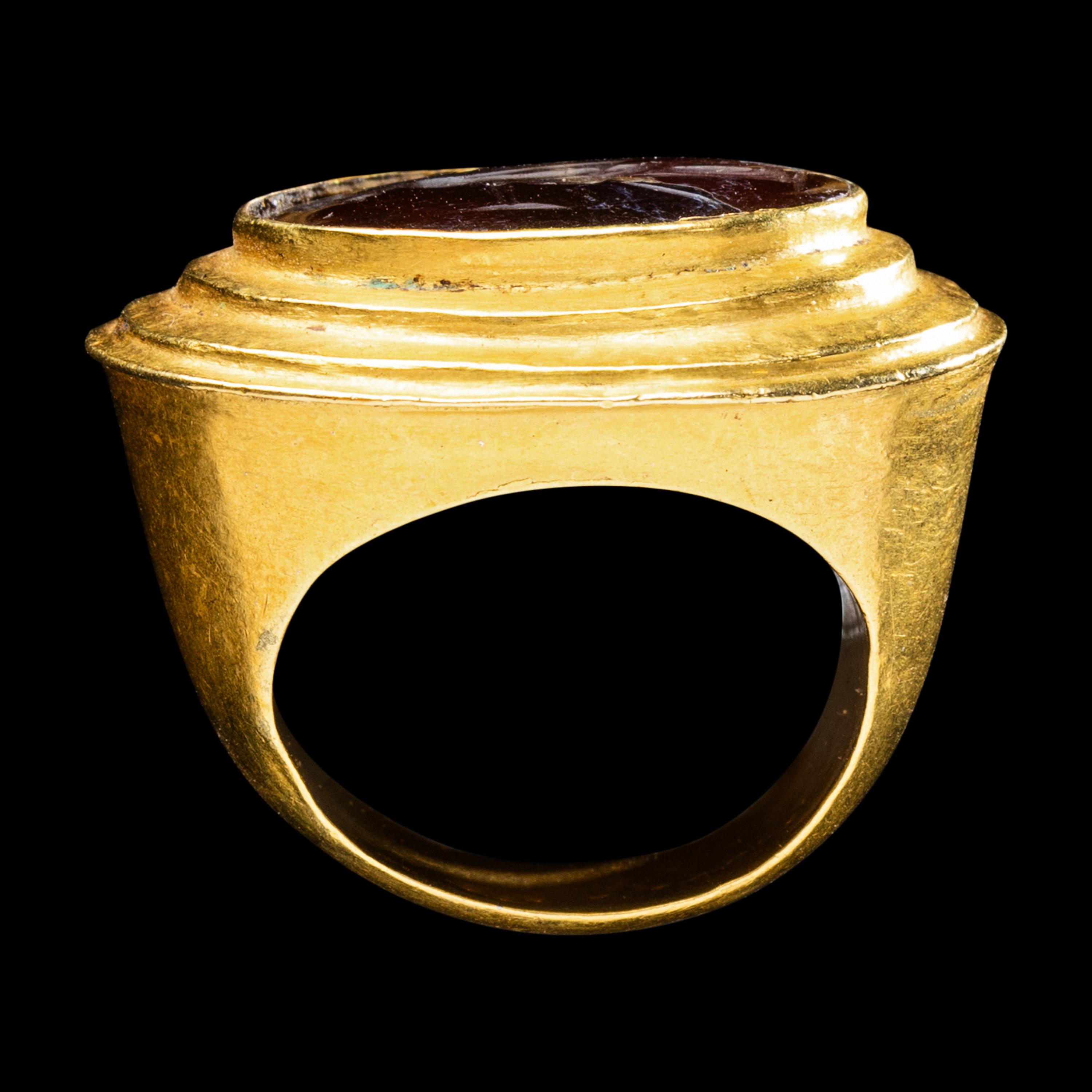 A Greek Gold and Carnelian Finger Ring with the Goddess Artemis