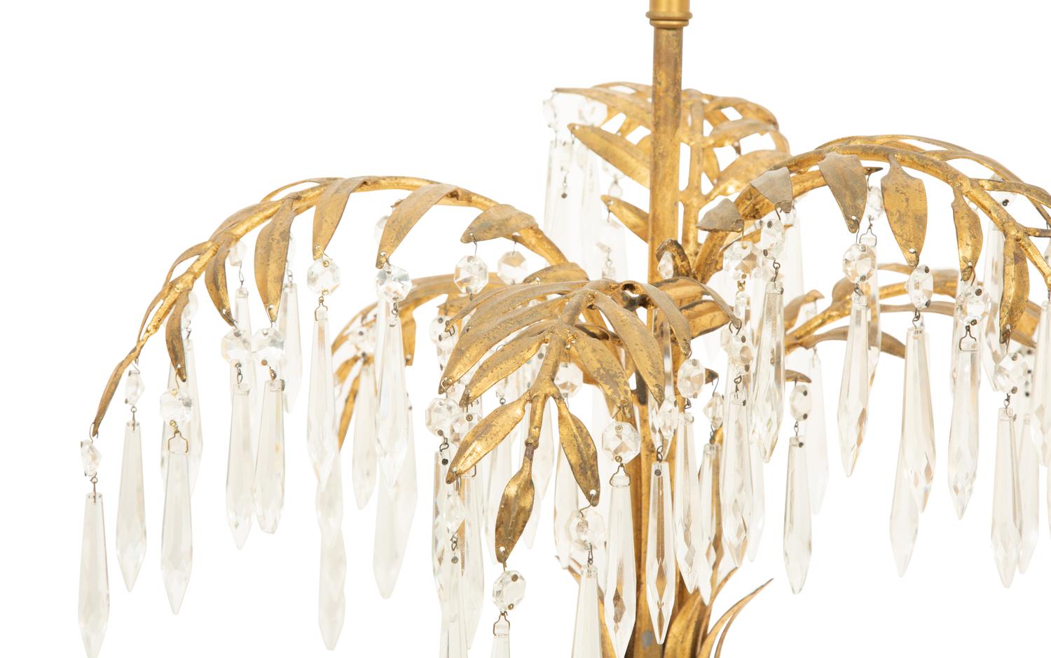 A Pair of Gilt Metal and Giltwood Palm Tree Lamps Hung with Faceted Prisms