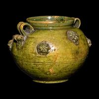 A Chinese Green Glazed Porcelain Jar 綠釉繫帶貼花小罐