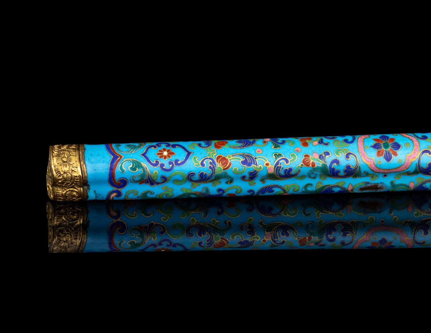 A Rare Huanghuali and Famille Rose Cloisonné-Imitation Knife and Chopsticks Set