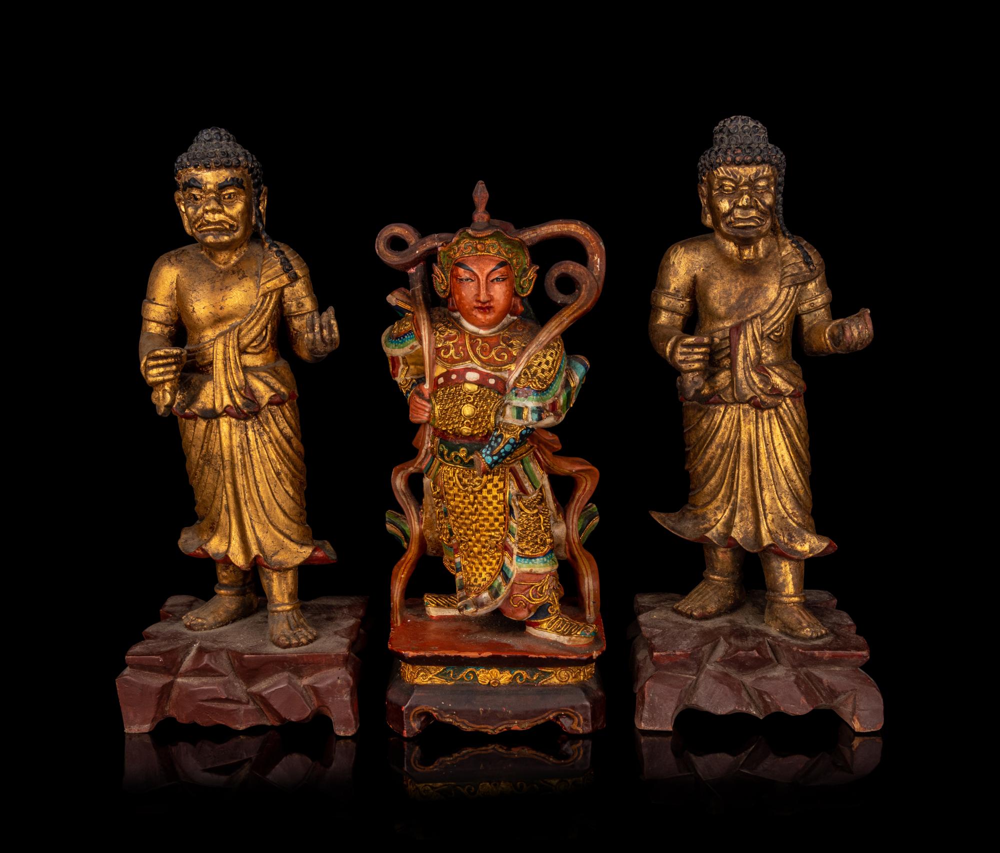 Three Chinese Gilt Lacquered Wood Figures