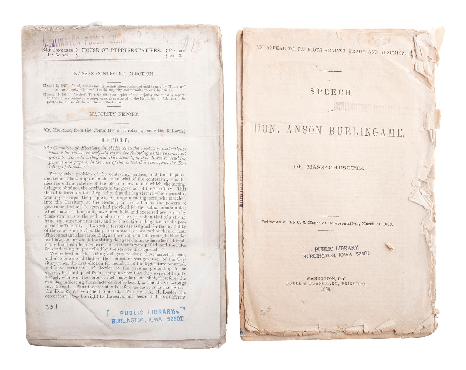 [SLAVERY & ABOLITION]. A group of 14 pamphlets related to Bleeding Kansas including slavery, the Lecompton Constitution, and the Stanton-Lane contest, comprising: