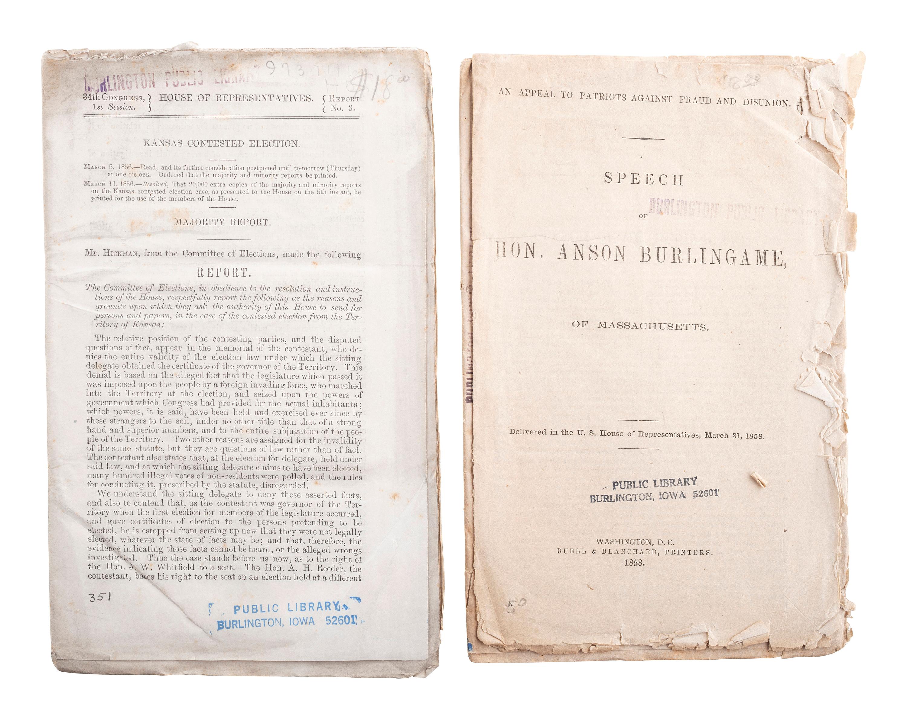 [SLAVERY & ABOLITION]. A group of 14 pamphlets related to Bleeding Kansas including slavery, the Lecompton Constitution, and the Stanton-Lane contest, comprising: