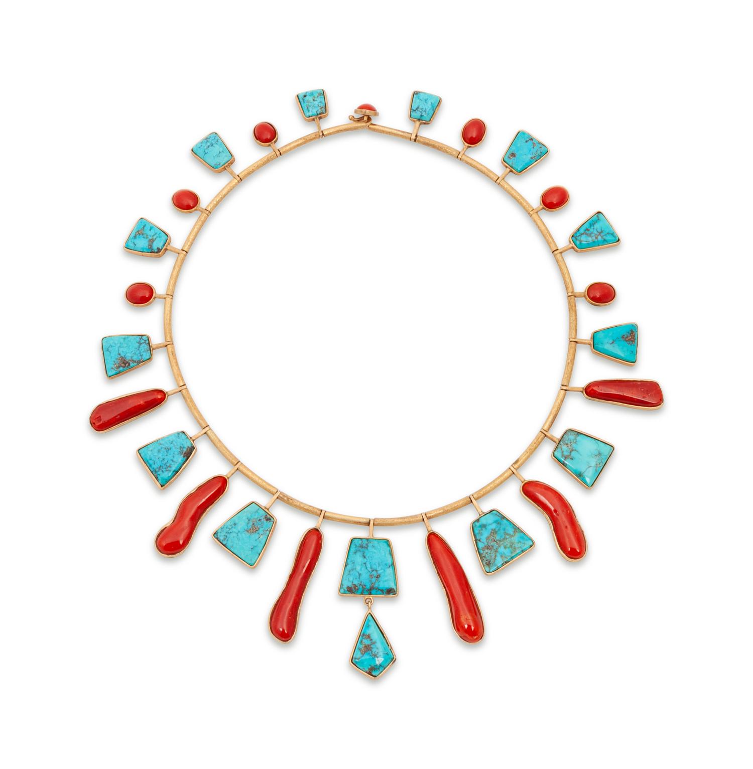 Gold, Turquoise, and Coral Collar Necklace